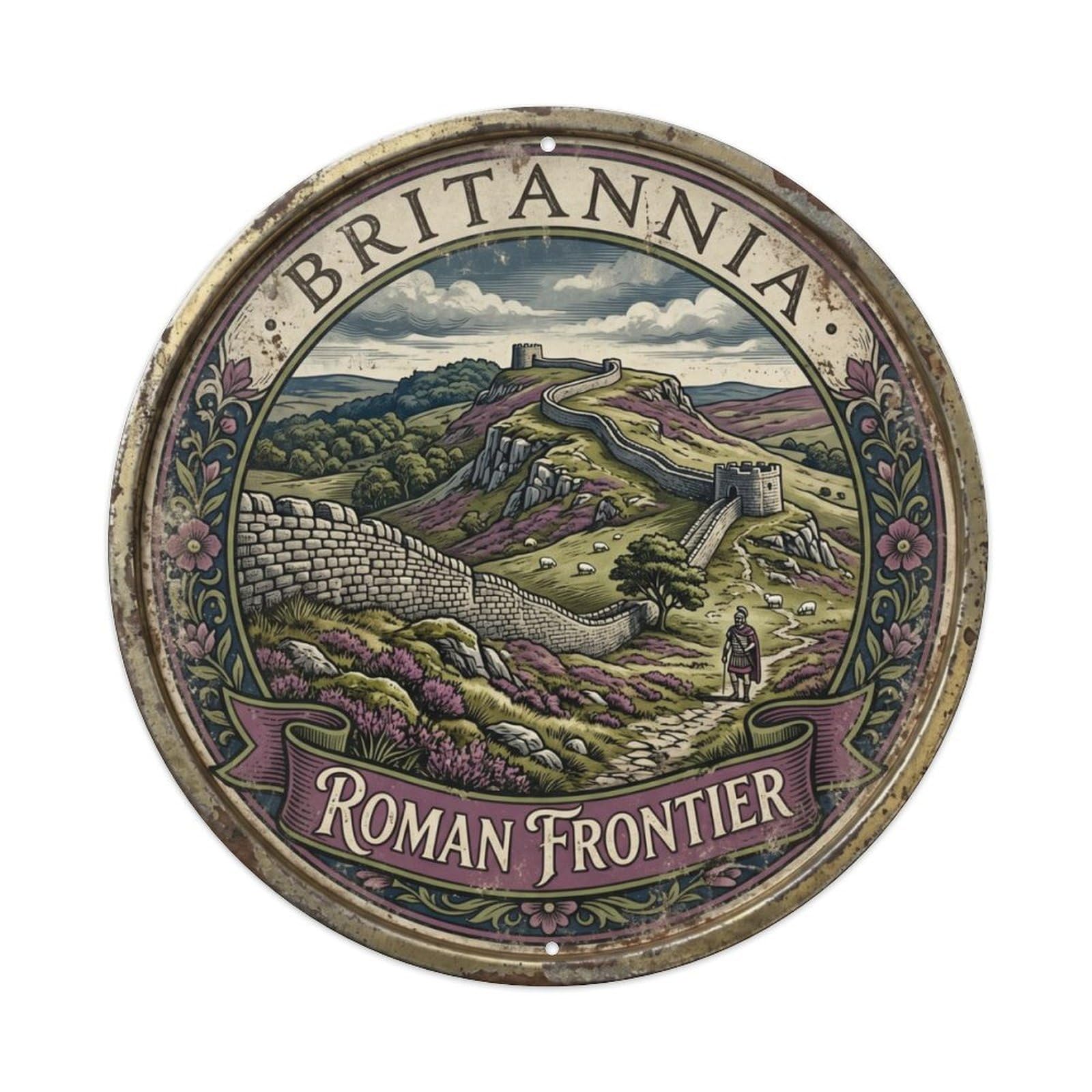 Vintage Travel Hadrian Wall Roman Metal Tin Sign Plaque Wall Decor for Cafe, Club, Garden Round Metal Poster 8x8Inch