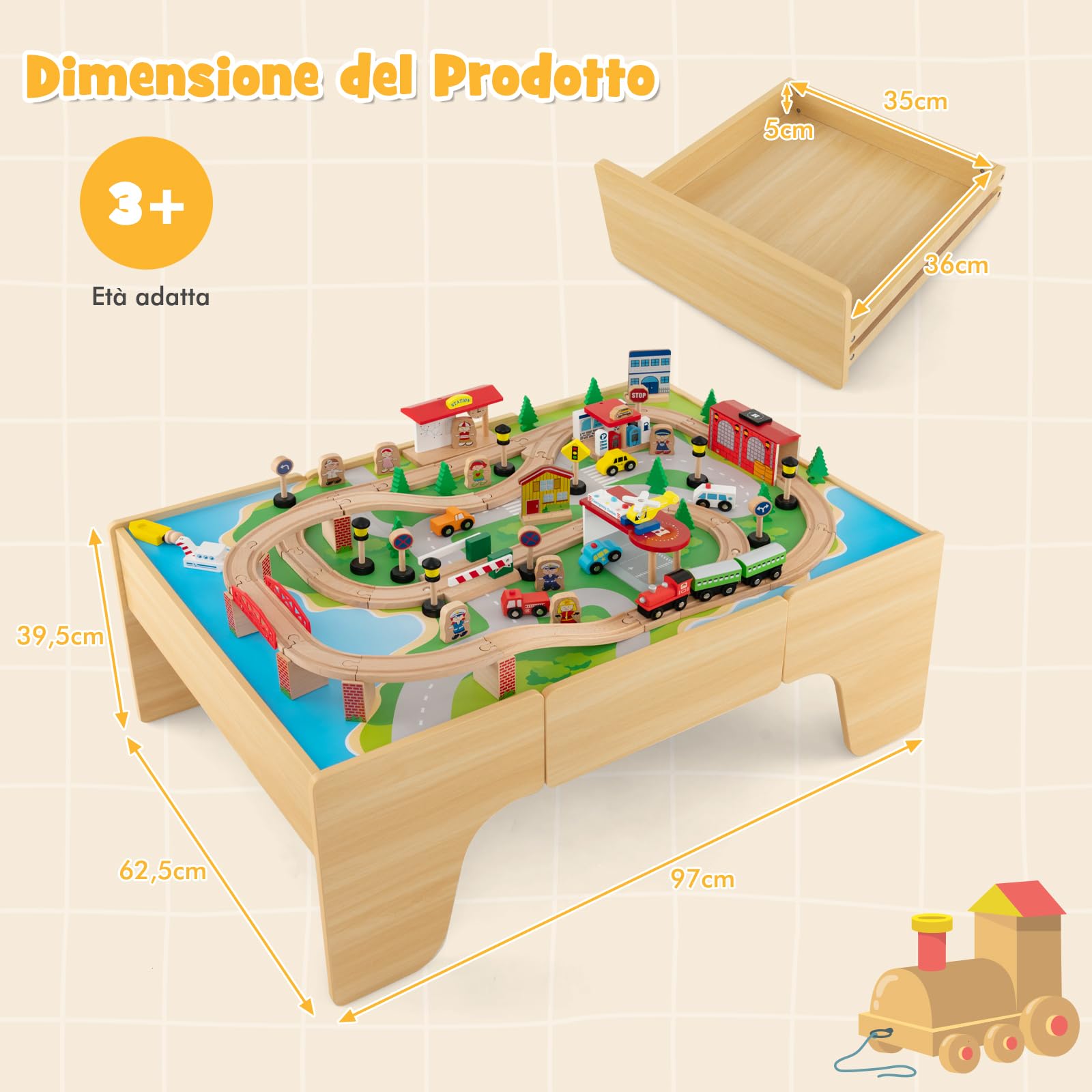 GYMAX Tavolo e Set Ferrovia in Legno, Set Gioco Colorato da 80/84 Pezzi con Piano Reversibile, Cassetto, Binari, Treni, Figure, Macchinine, Tavolo Giocattolo Educativo per Bambini 3 Anni+ (Stile 1)