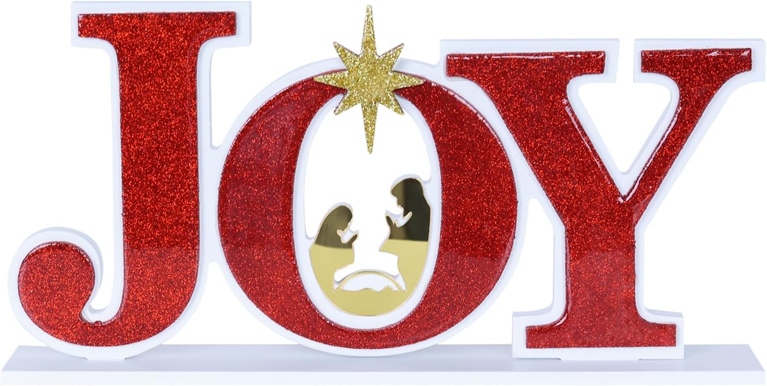 MEETYAMOR Christmas Decorations Indoor, Wood Joy Letter Nativity Scenes Set for Centerpiece Table Decorations, Wooden Nativity Religious for Xmas Decor, Christan Home, Tabletop, Mantel, Shelf, Gifts