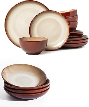 16 Piece Double Bowl Dinnerware Sets for 4-Modern Rustic Stoneware Dinnerware Set-Scratch Resistant, Dishwasher Safe Plates and Bowls Sets, Ceramic Dish Set, Bowl and Plate Set