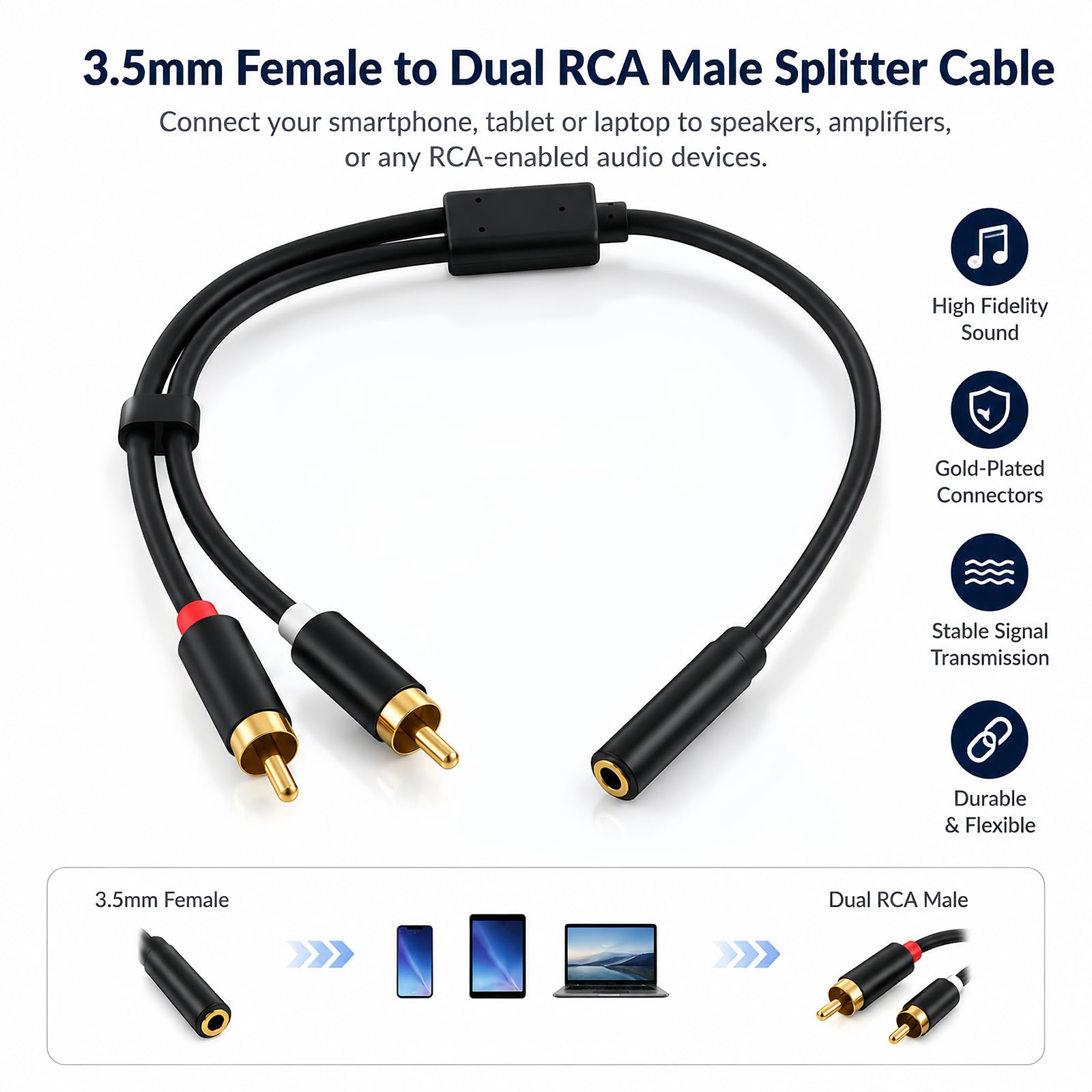 Audiokabel, 3,5-mm-Klinkenbuchse auf 2 Cinch-Stecker, 30 cm, Stereo, AUX auf Cinch-Stecker, vergoldete Anschlüsse, Audiokabel, kompatibel mit Smartphone, TV, PC, Tablet, Verstärker, Soundbar, Heimkino