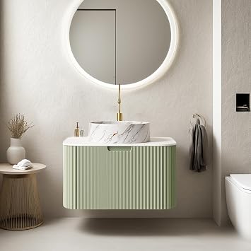 24" Floating Bathroom Vanity with Sink, Wall Mounted Bathroom Cabinet with Ultra-Thin Marble Sink and Countertop, Large Drawer for Ample Storage Space, No Assembly Required, Light Green