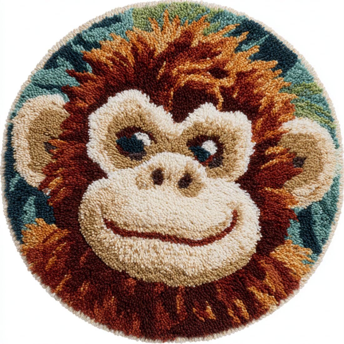 Rqwybcaxn DIY Latch Hook Rug Kit for Beginners Animal Crochet Starter Kit Cartoon Monkey 60x60cm Round Pre-Printed Mesh Fabric Carpet Bedroom Home Decor
