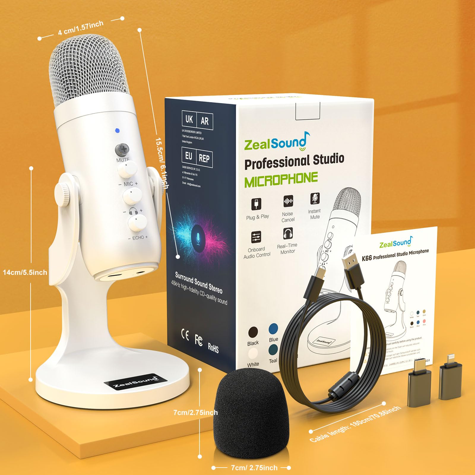 zealsound Micrófono de Condensador, Asmr micrófono, micrófonos Plug & Play para PS 4&5, Control de Ganancia de micrófono, botón de Silencio para TikTok, Podcast de Youtube en Mac y Windows, Perla