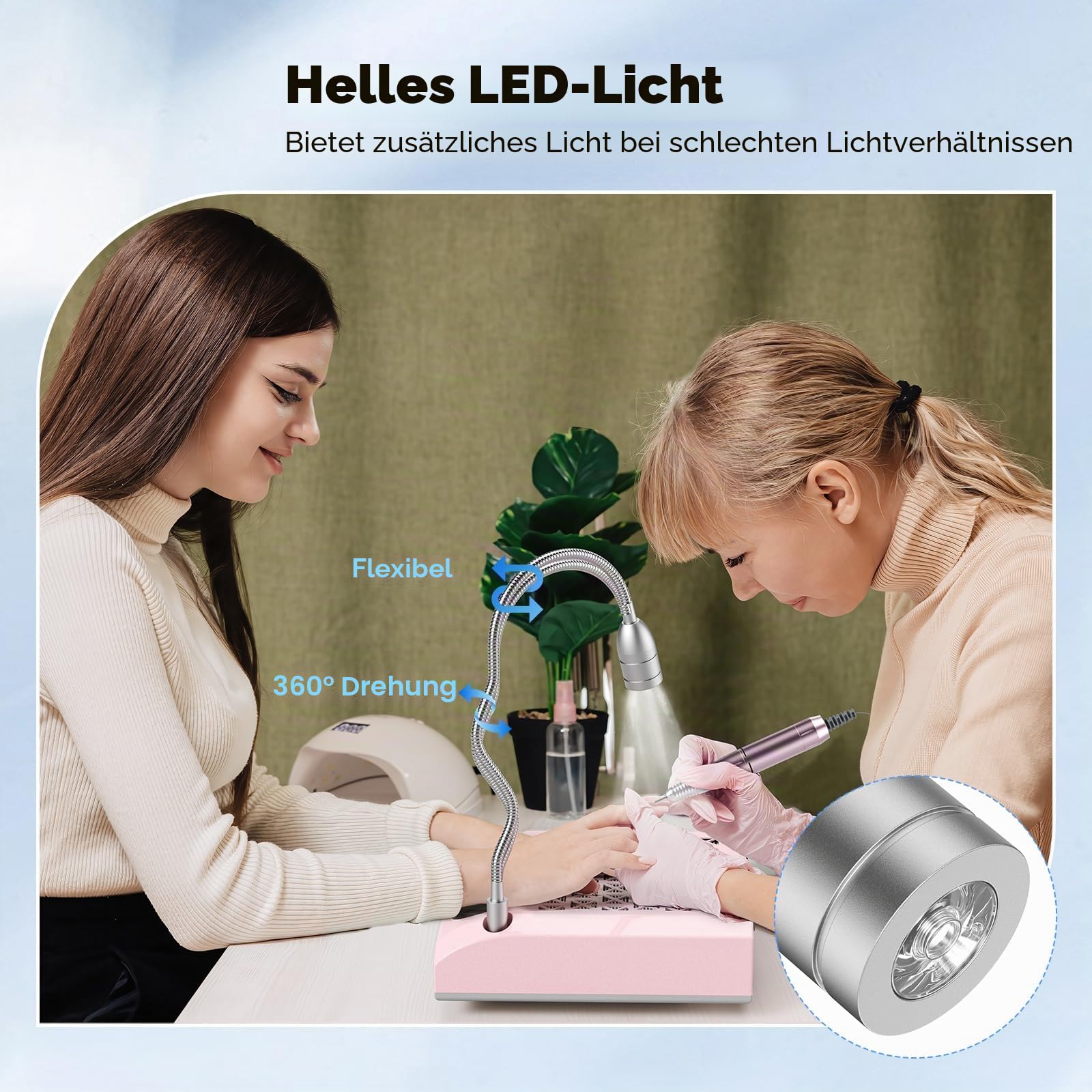 4 in 1 elektrische Nagelbohrer, 30000 U / min professioneller Nagelstaubkollektor 80W leistungsstarkes Vakuum, 6W rotatable LED -Licht niedriges Geräusch mit 3 Dateien für Salon Home Use (Pink)
