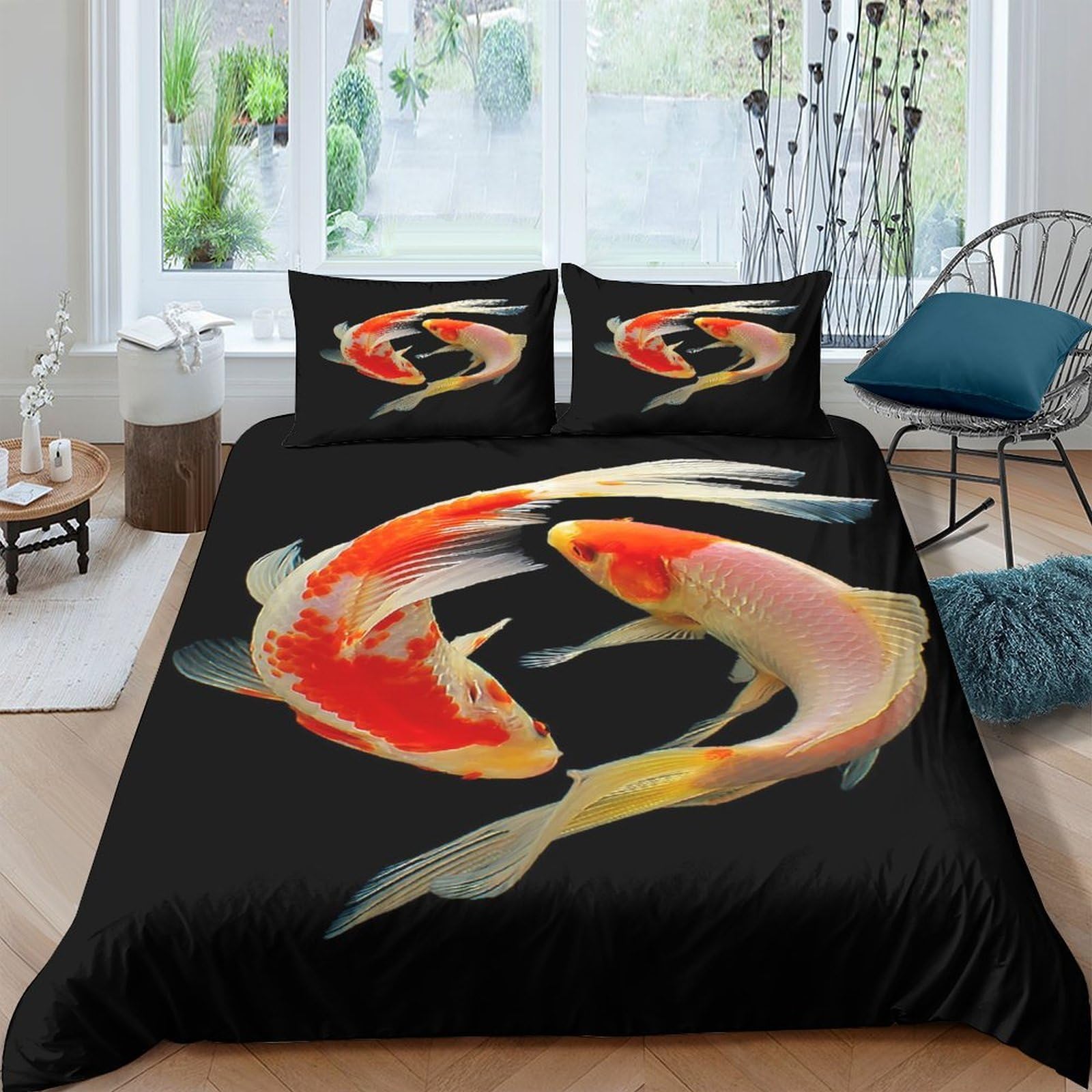 Ctjqhvkz Style-2 3D Printed Koi Fish Fitted Sheet Microfiber Soft Black Artistic Bed Cover For Bedroom Guest Room Dorm Decor Single（135X200cm）