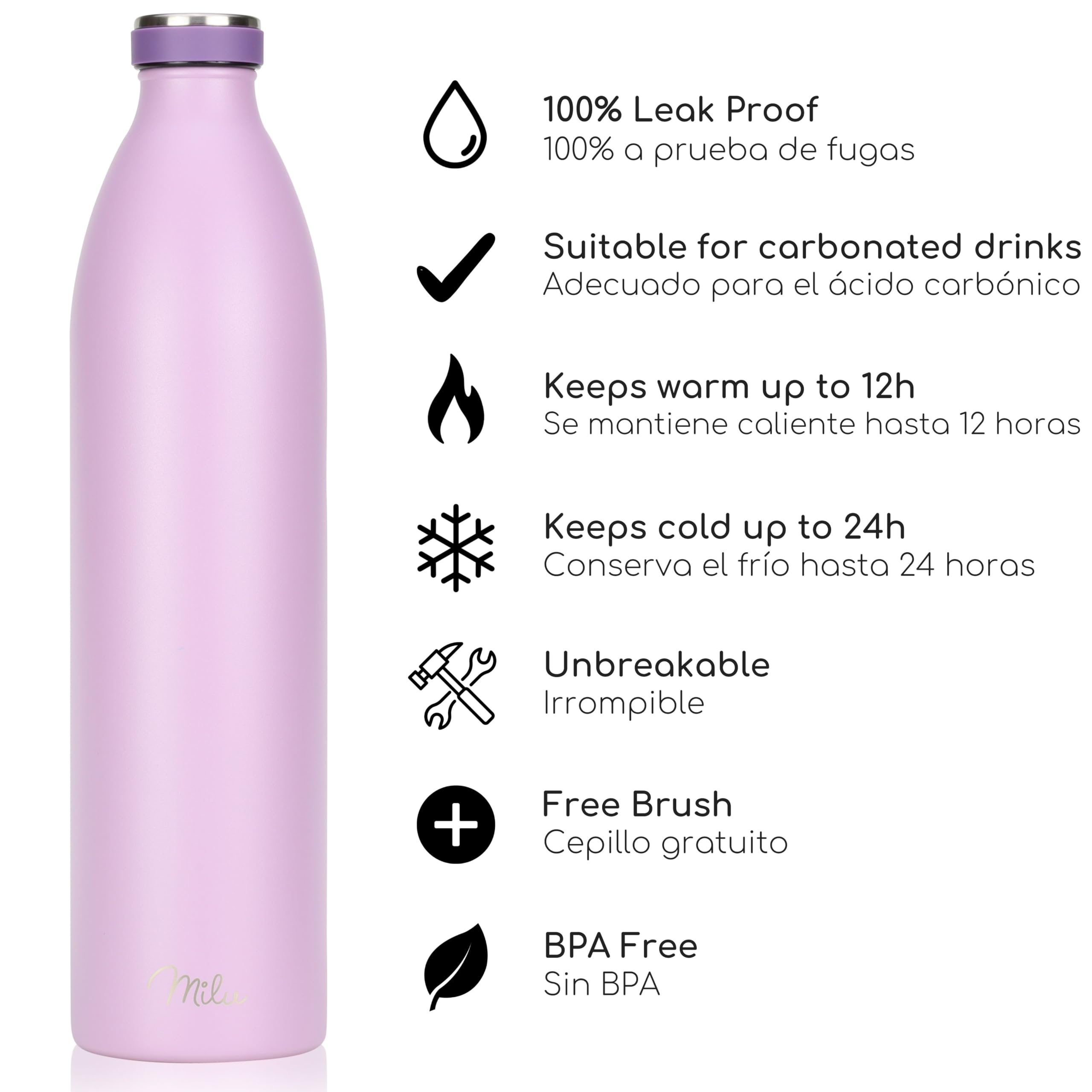 Milu Botella de acero inoxidable de 350ml 500ml 750 ml 1 L 1,5 L botella de agua aislada, termo a prueba de fugas, doble pared, apta para ácido carbónico + cepillo de limpieza (Azul Violeta, 350ml) — view 31