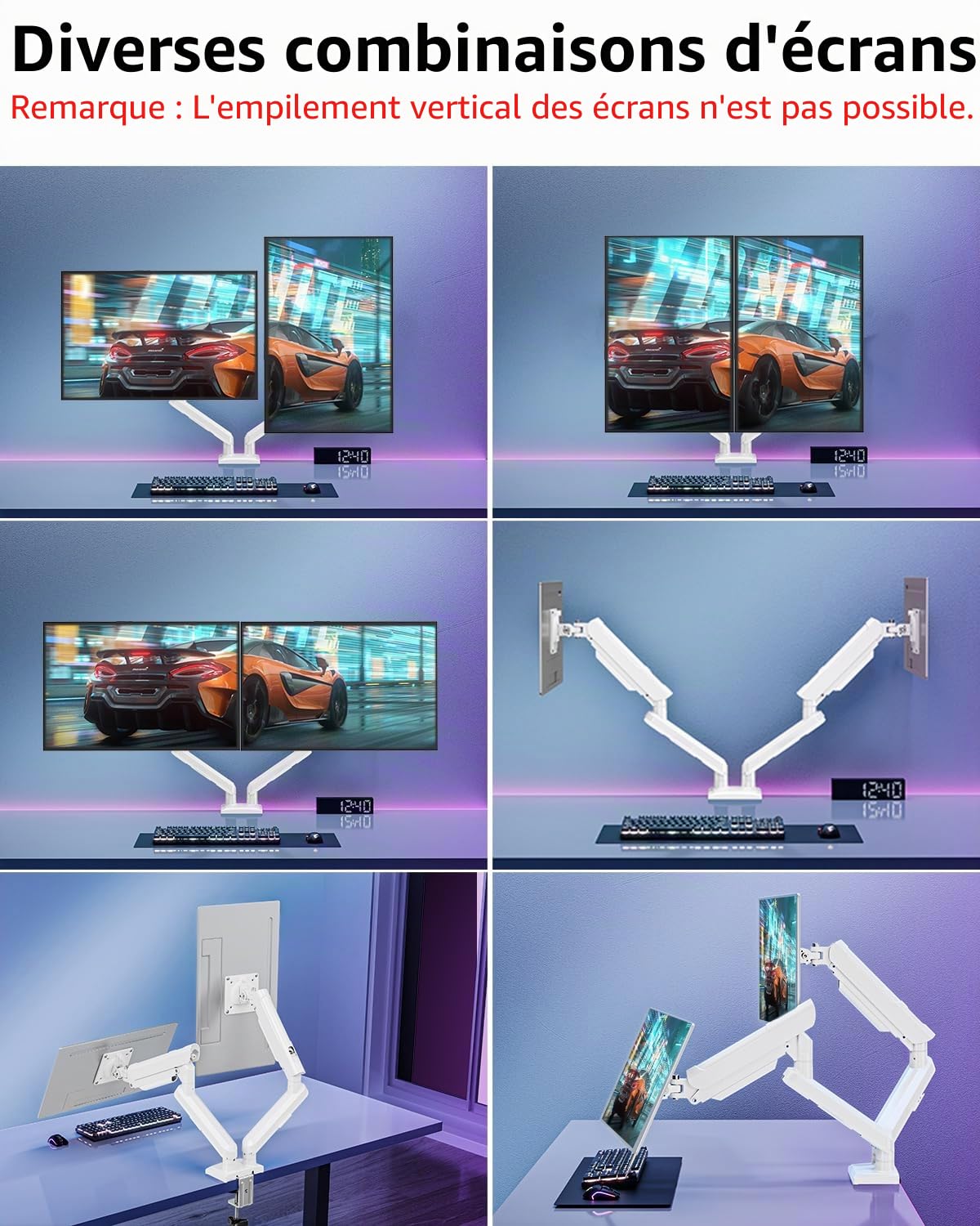 ELIVED Support pour moniteur 2 écrans pour écrans de 13-32", Support écran 2 moniteurs supporte 2-9 kg moniteur avec VESA 75/100mm, Bras de moniteur à gaz inclinable, pivotant, rotatif, blanc, EV6012W