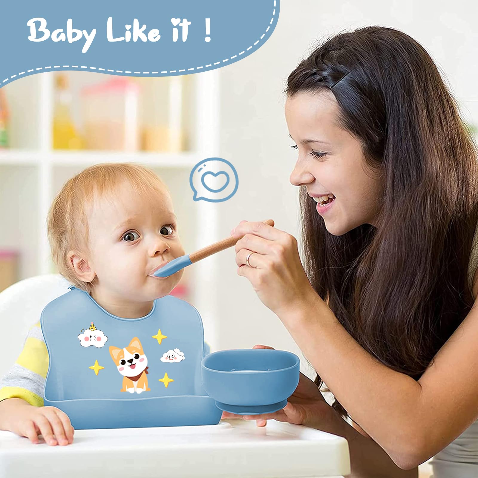 Ensemble repas bébé 9 pièces – Assiette et bol ventouse silicone, couverts, tasse d’apprentissage, bavoir & tablier manches longues – Set DME diversification alimentaire – anti-renversement, lave-vais