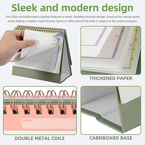Miniatura 5 de NUOBESTY Calendario de escritorio 2025-2026, calendario de escritorio de pie, pequeño de 18 meses, papel de mesa diario, planificador mensual, verde