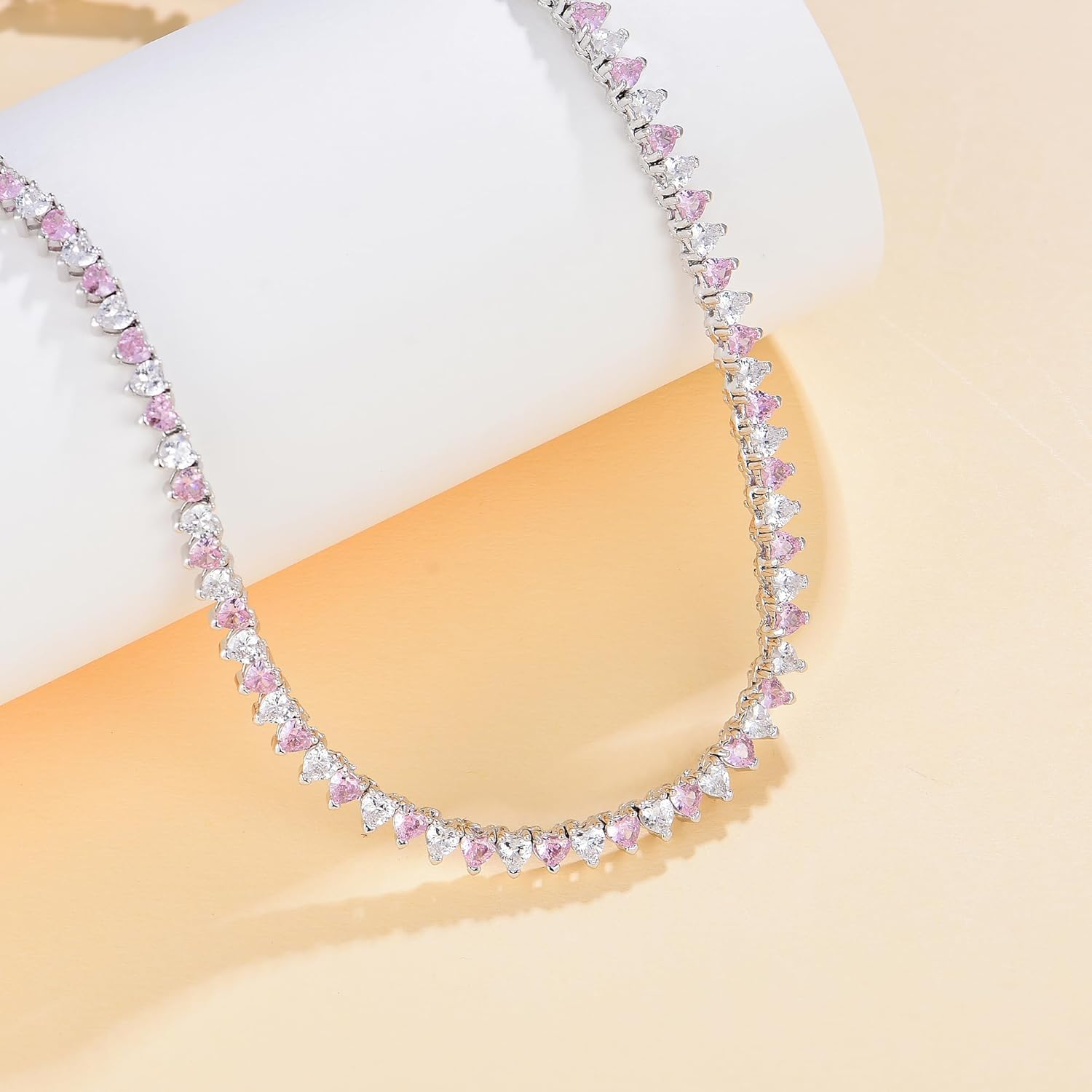 Two-Tone Tennis Necklace for Women, Dainty Zirconia Chain with Pink and White CZ, Minimalist Choker Collar Jewelry for Gift or Daily Wear (16 Inch) - Image 2