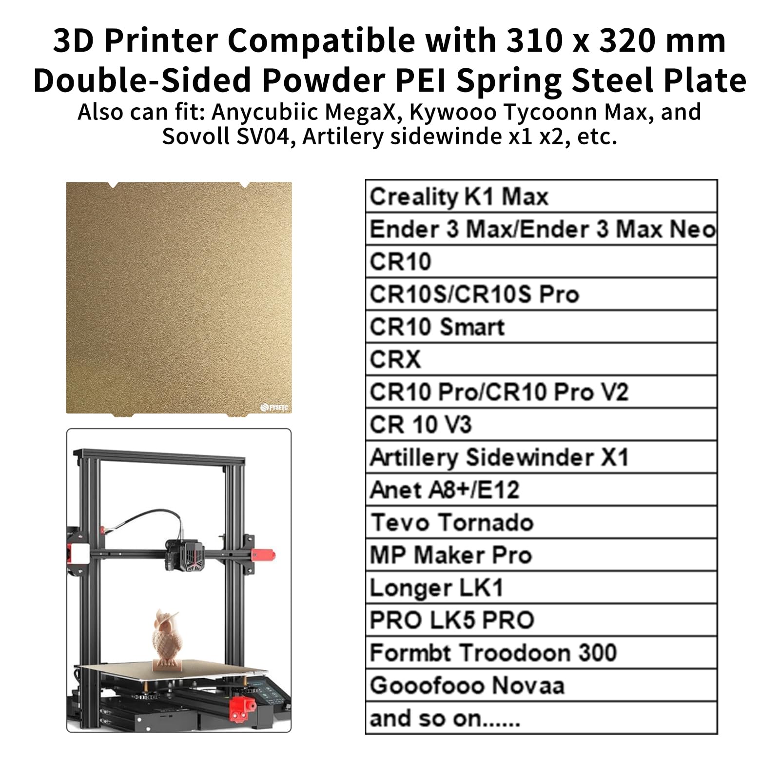 BCZAMD Akcesoria do drukarek 3D – płyta drukująca 310 x 320 mm – K1 Max, dwustronna powłoka proszkowa, elastyczna blacha konstrukcyjna ze stali sprężynowej do filamentu PLA, PETG, ABS, CR-10S Pro