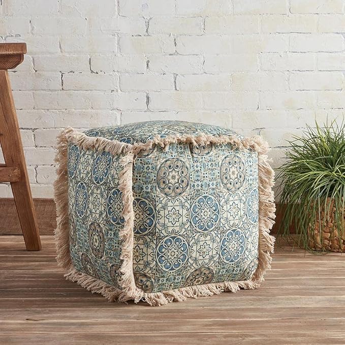 47th & Main Square Boho Fabric Fringed Foot Stool Ottoman Pouf, 16" x 16", Green Print