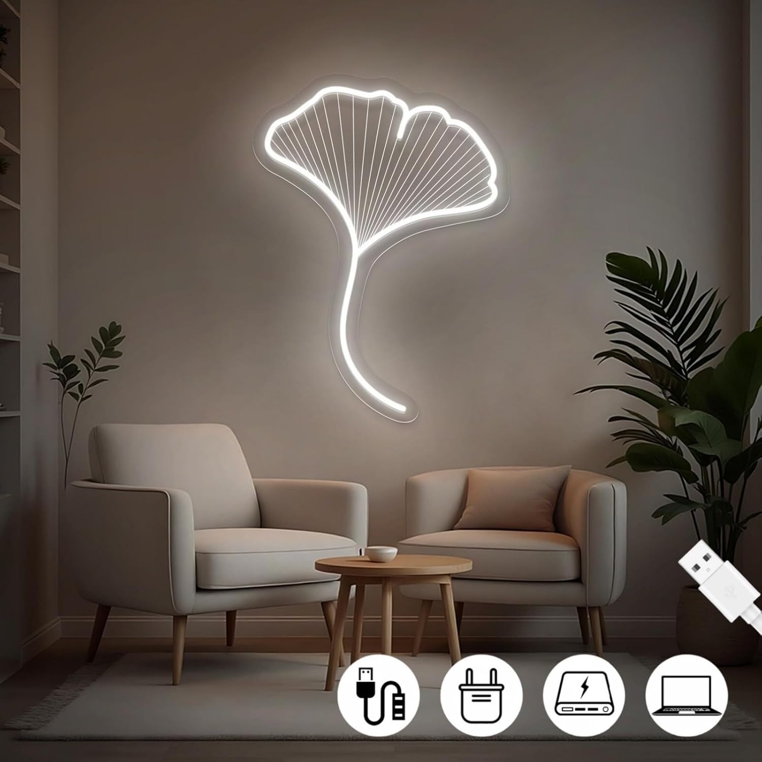 Ginkgo Leaf Neon Sign Japanese Culture LED Light, Dimmable USB-Powered with Adjustable Brightness, Easy to Hang, Elegant Neon Lights Wall Decor for Home, Japanese Restaurants, Yoga Studios & Wellness Spaces