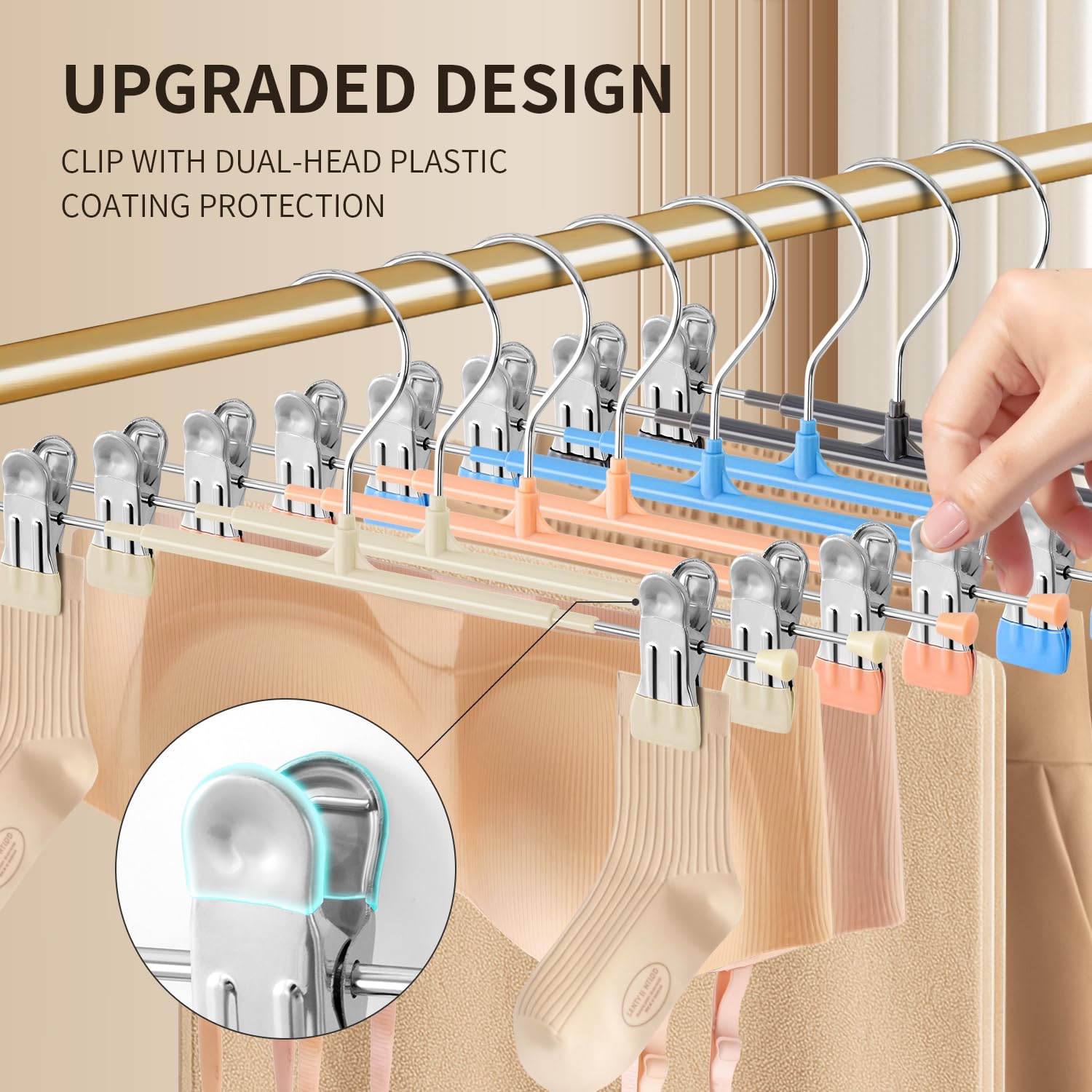Perchas para pantalones con clips, paquete de 20 perchas ajustables para faldas para mujer, de metal negro, antideslizante, para pantalones, resistentes y ahorran espacio, para pantalones