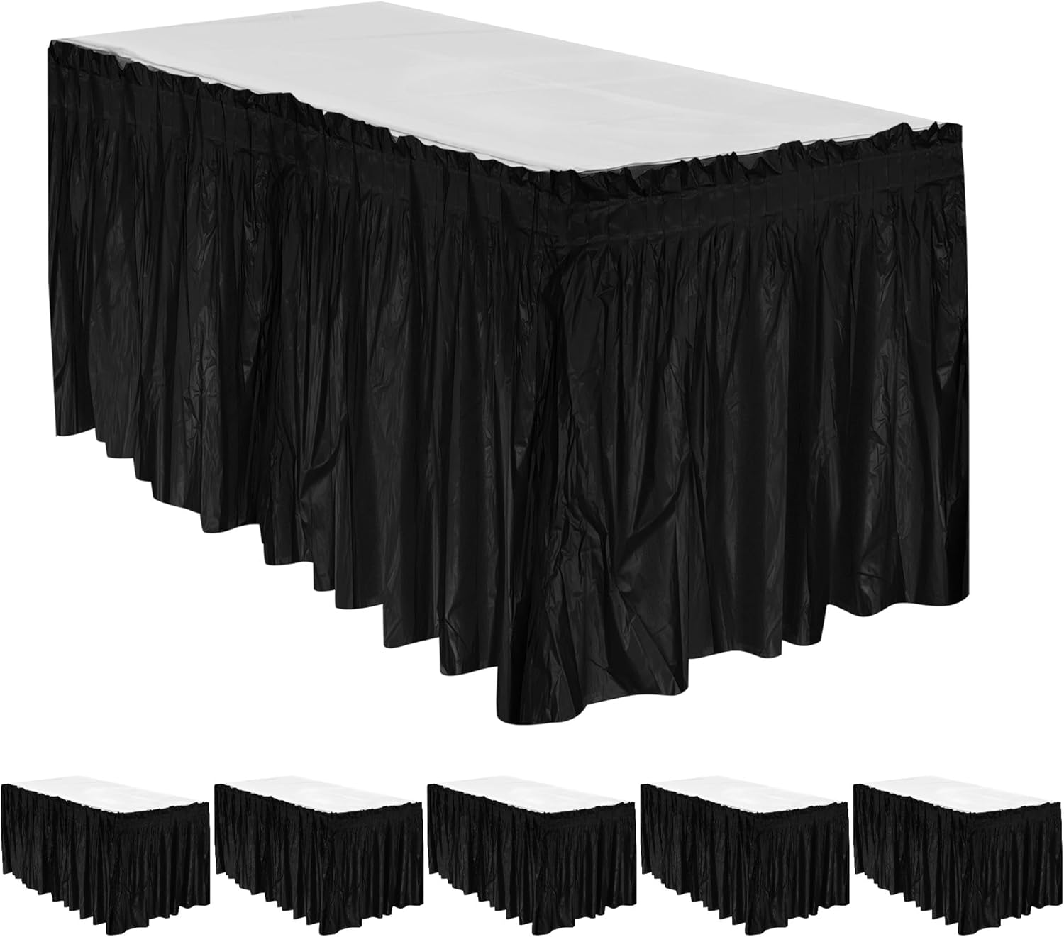 6 Pcs Plastic Black Table Skirts for Rectangle Tables, Disposable Table Skirts with Adhesive Strip, 28 Inch x 14 Ft Rectangular Table Skirts for Party, Wedding,Banquet