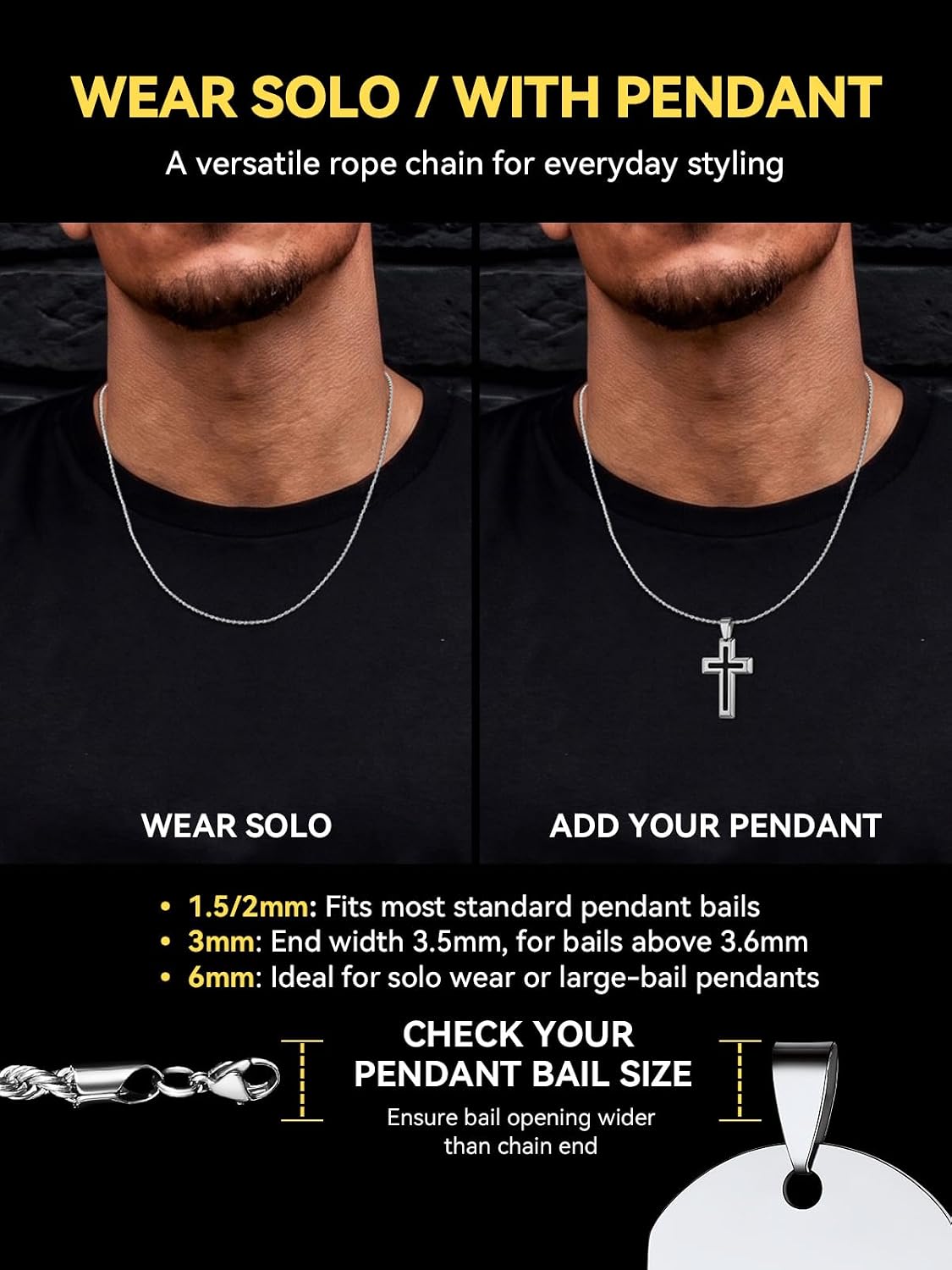 ChainsHouse Mens Stainless Steel Rope Chain Silver Twisted Necklace Gift image 3