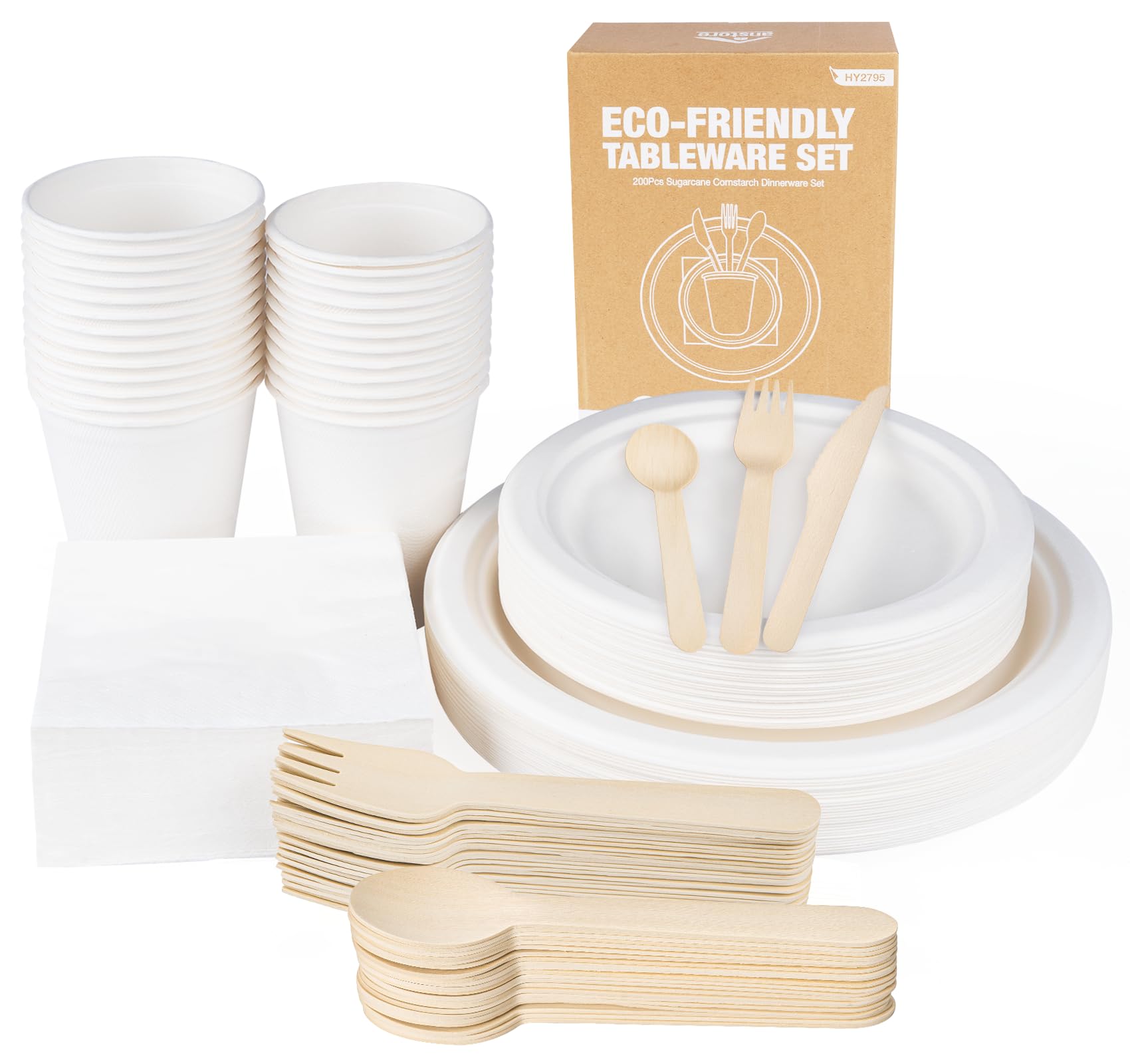 Anstore Disposable Plates and Cutlery Set, 200 Pcs Paper Plates and Cups Set, Biodegradable Tableware Set Party Wedding Christmas Picnic Set Including Plate, Spoon, Fork, Knife, Drinking Cups, Napkins