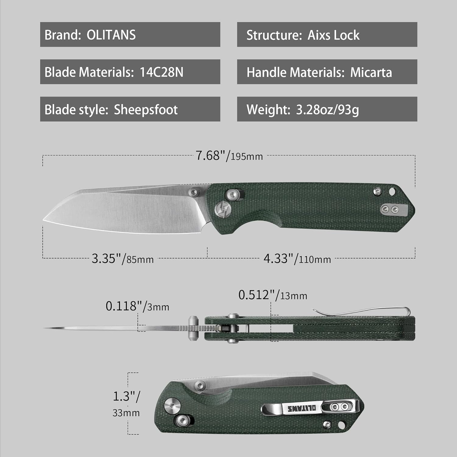 OLITANS G062 Folding Knife for EDC, 14C28N Steel Blade Pocket knife, Crossbar Lock Knife for Outdoor, Survival, Hunting and Camping, 3.28oz（Micarta Green+Satin）