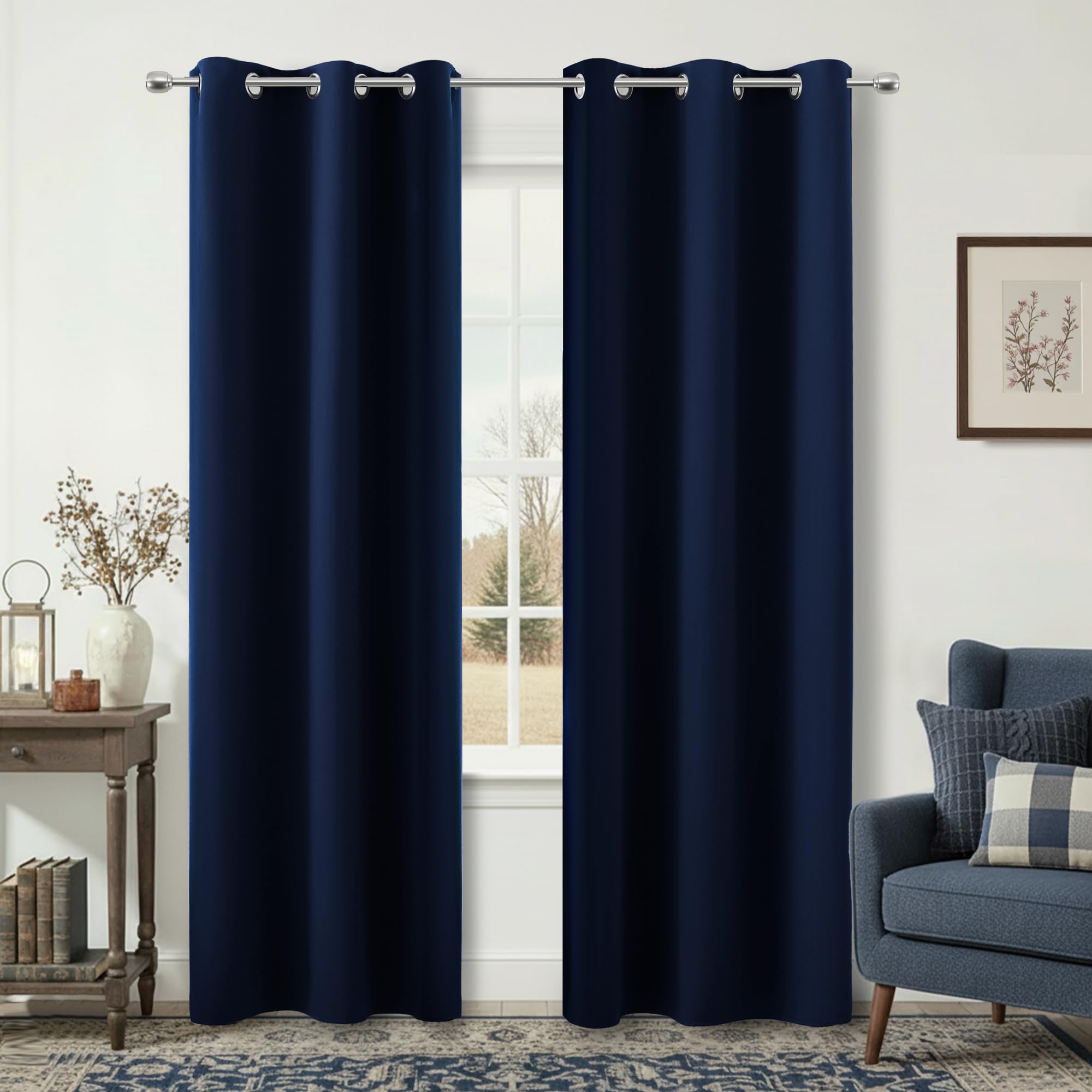 KOUFALL Navy Blue Grommet Insulated Thermal Room Darkening Blackout Curtains for Living Room 38 by 84 Inches Long — image 1