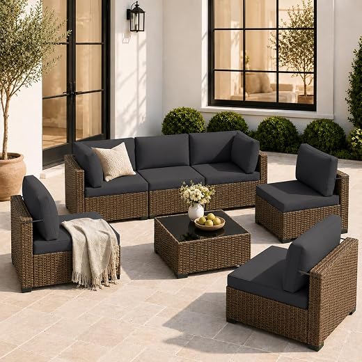 LOUVIXA 7 Piece Outdoor Patio Furniture Set, Outdoor Sectional Sofa, Wicker Rattan Patio Furniture, Patio Conversation Set with Coffee Table & Cushions