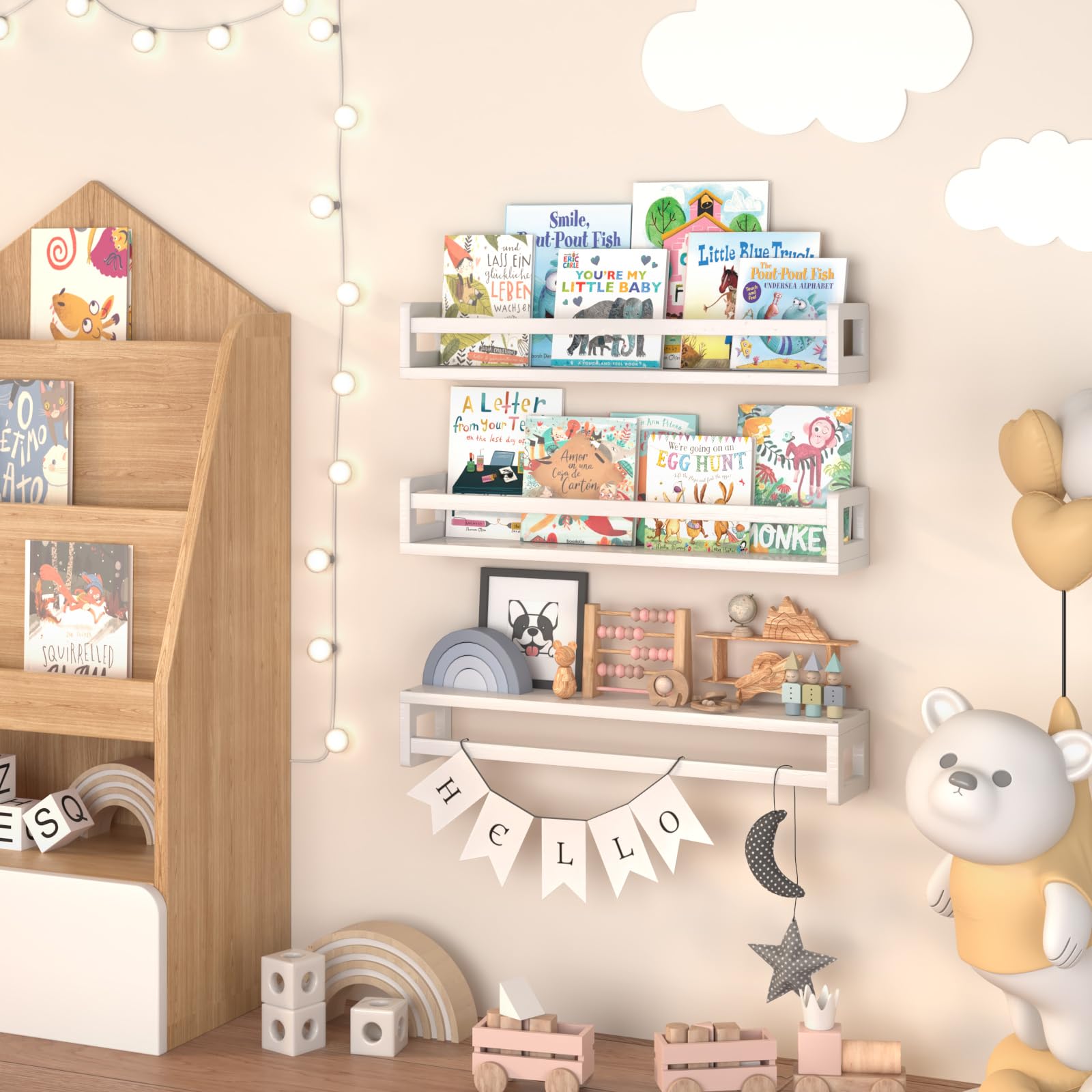 Estantes flotantes para libros de pared de 23.6 pulgadas, de madera maciza natural, juego de 3, estantes colgantes para habitación de niños, decoración de dormitorio y almacenamiento de 3