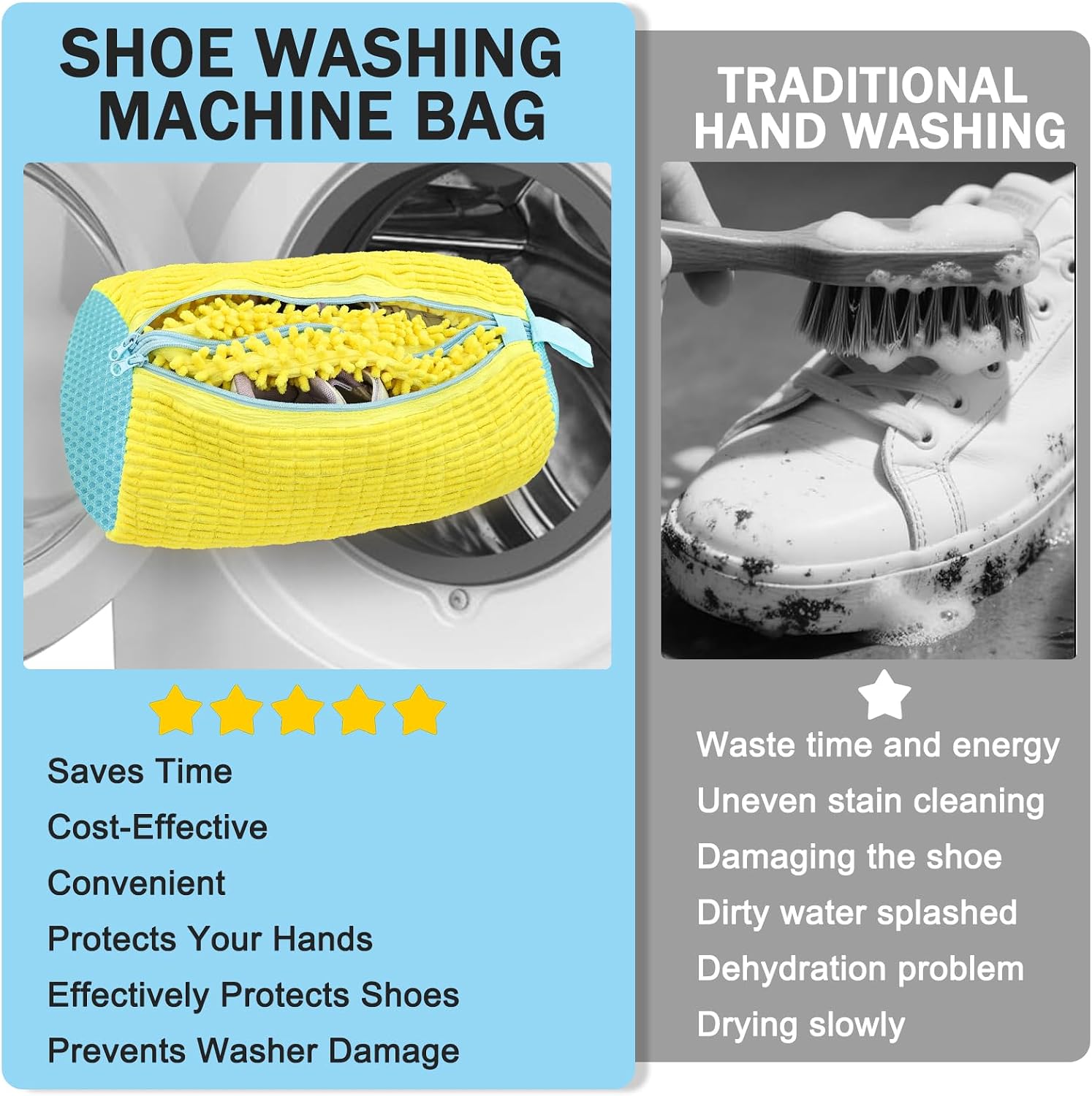 Dual Independent Compartments Shoe Washing Bag for Washer Dryer Holds 2 Shoes, Chenille Reusable Laundry Shoe Cleaner Bag for Sneakers Tennis Shoes, Yellow