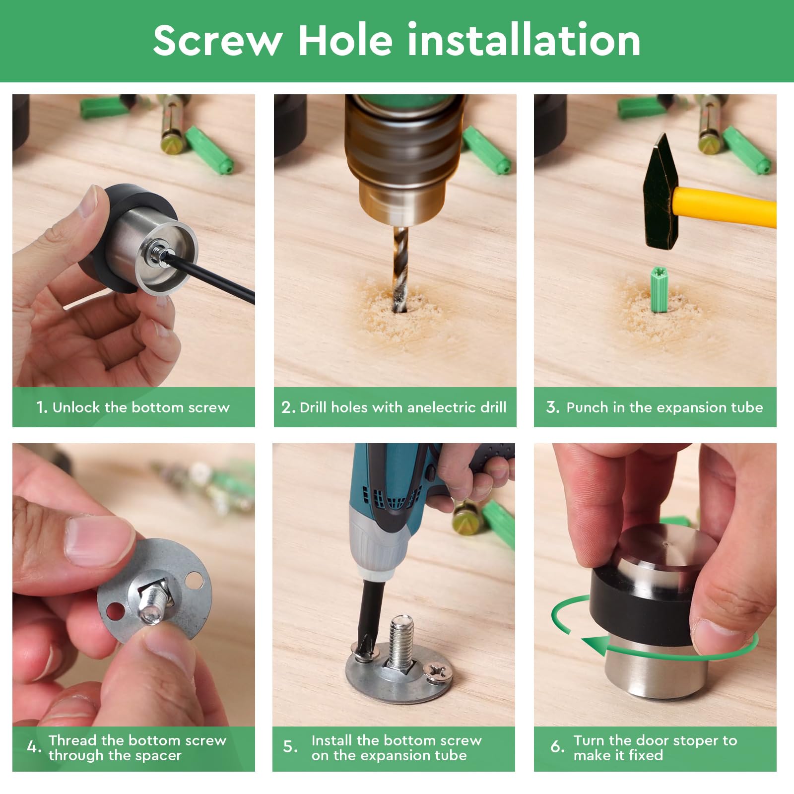 SWAWIS 12 Piezas Tope de Puerta para Suelo ø 32mm Altura 45 mm, Tope de Puerta para Suelo Adhesivo Acero Inoxidable con Tornillos y Tira Adhesiva 3M, 3 Métodos de Instalación