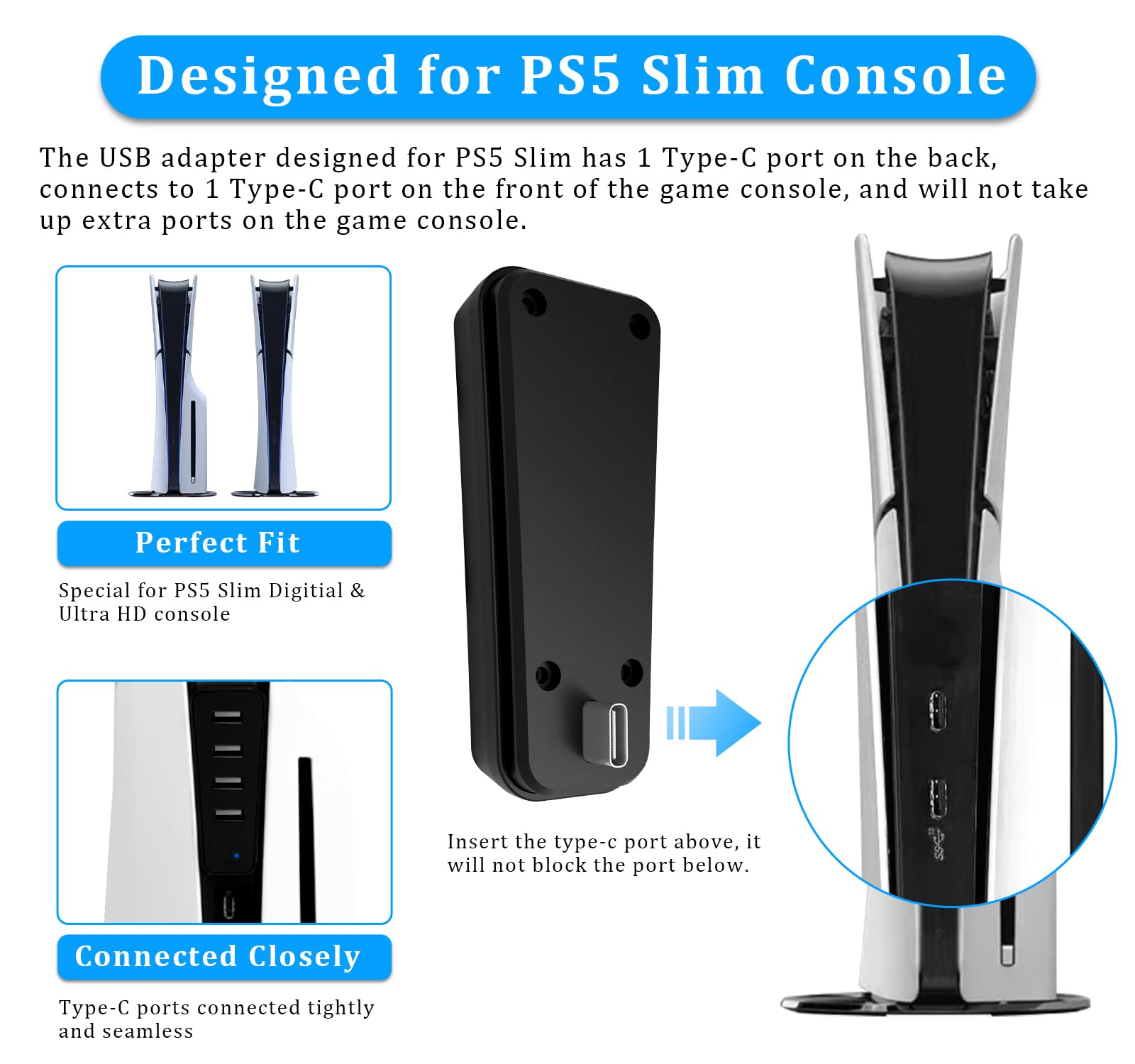 5-poorts USB-hub voor USB-uitbreidingshub met Hoge Snelheid Oplader USB-verlenger Compatibel met gameconsole, 5-hubsplitser met USB C-poort