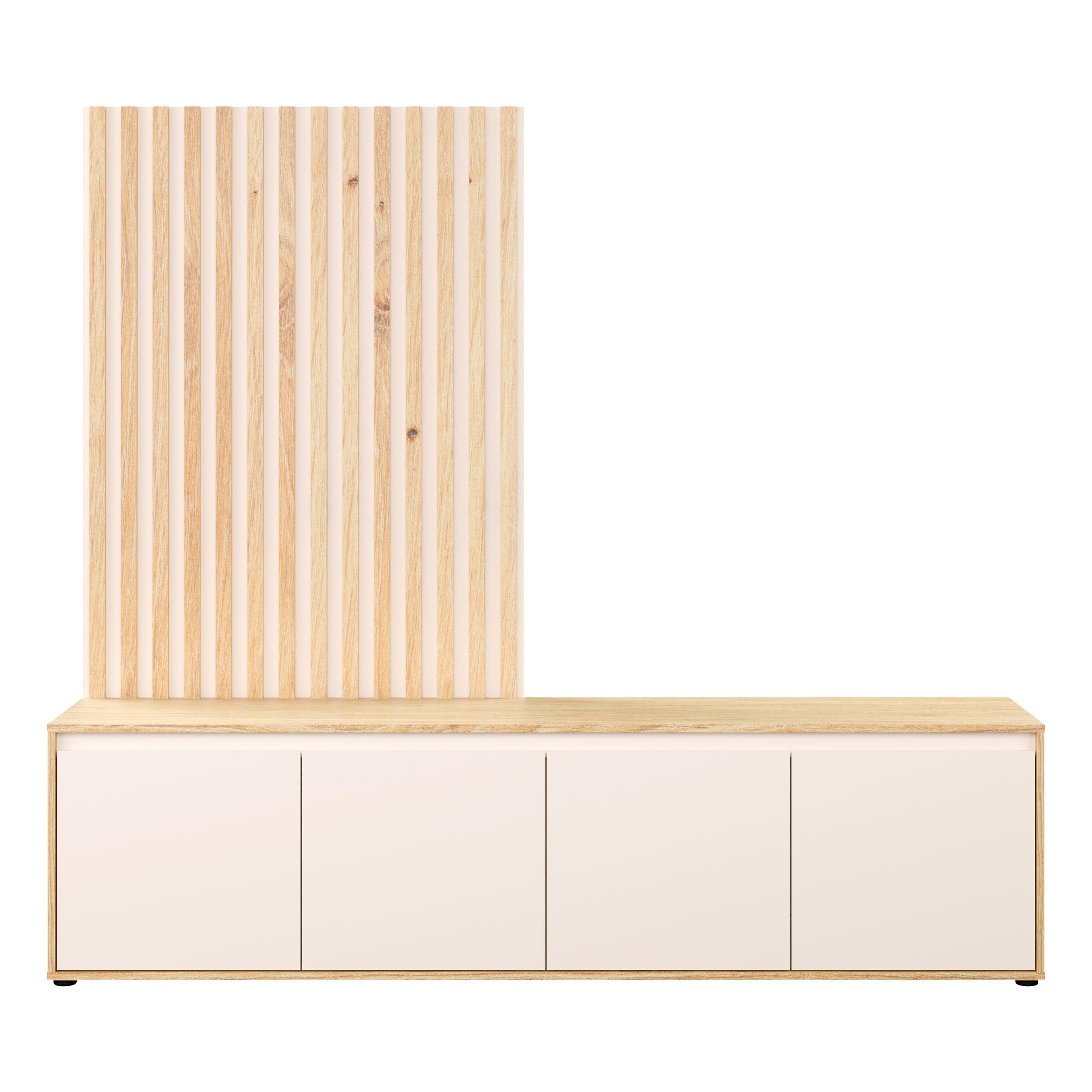 Forte SKELPE Wohnwand 190, Moderne Skandi Stil Wohnwand mit Lowboard 4-türig und Latten-Wandpaneele, Artisan Eiche Holzdekor/Kaschmir Beige, 188,3 cm breit x 169,7 cm hoch x 42 cm tief