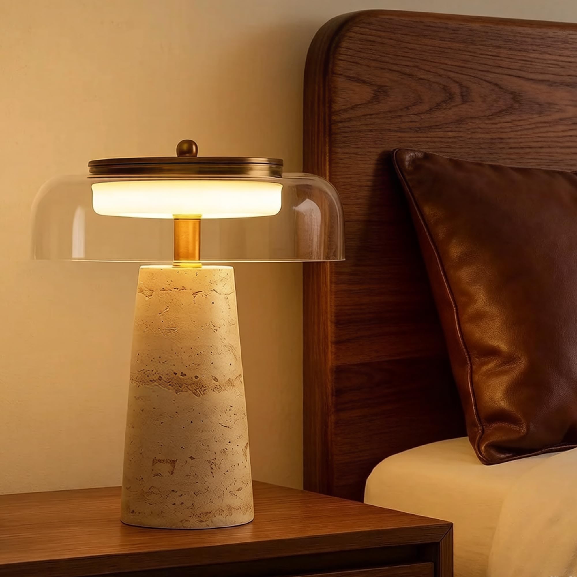 Lámpara de piedra, lámpara de mesa auxiliar de travertino con pantalla de cristal, iluminación LED de cabecera de 5 W, brillo cálido, decoración de piedra natural para dormitorio, sala de estar, gray