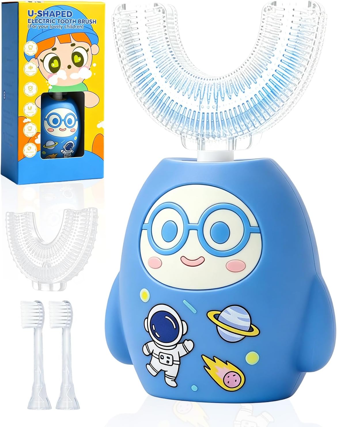 Kids U-Shaped Electric Toothbrush, 4 Brush Head, Age 2-12, Blue