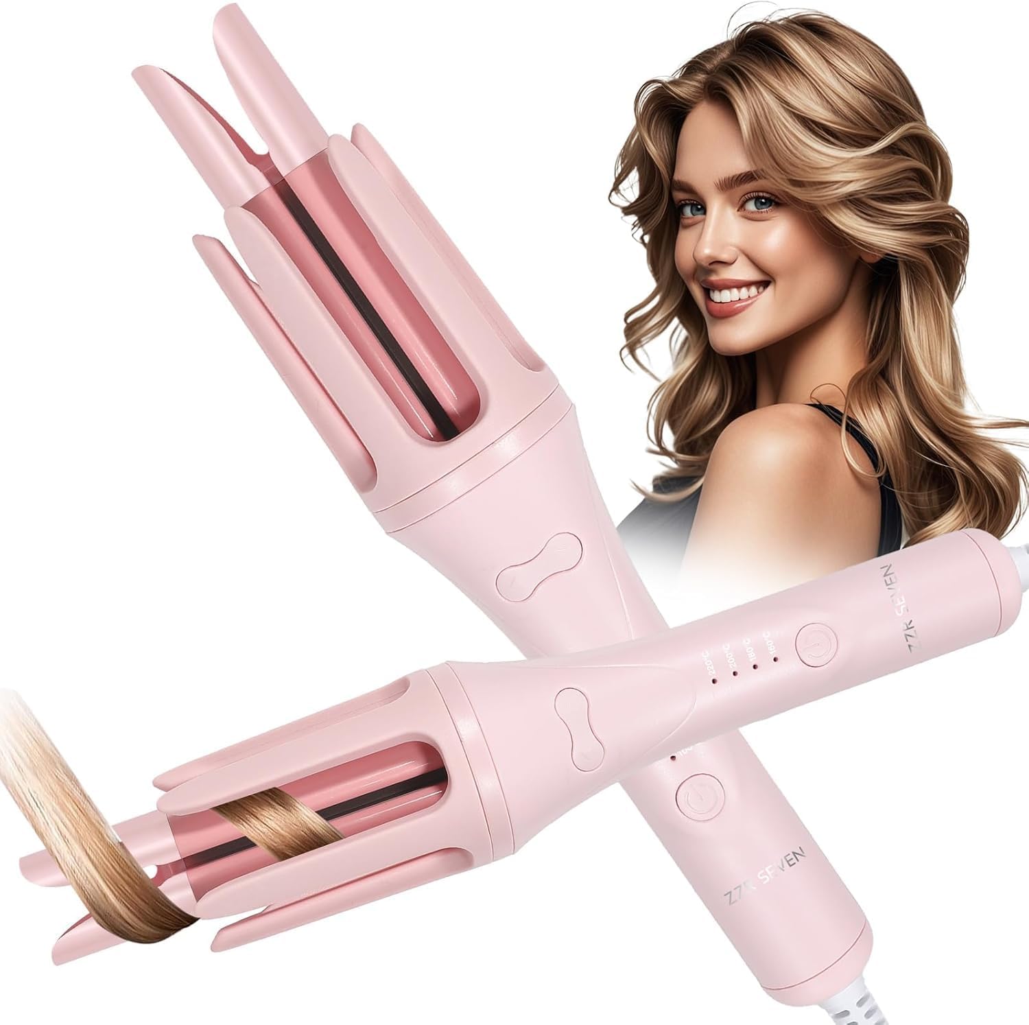 Automatic Curling Iron, 1.25 Inch Hair Curler with 4 Temp., 10S Fast Heating, 2-Way Rotation, 30 Min Auto Shut-Off, Anti-Scald-Tangle for Long Hair, Dual Voltage for Travel (Pink, 1 in 1)