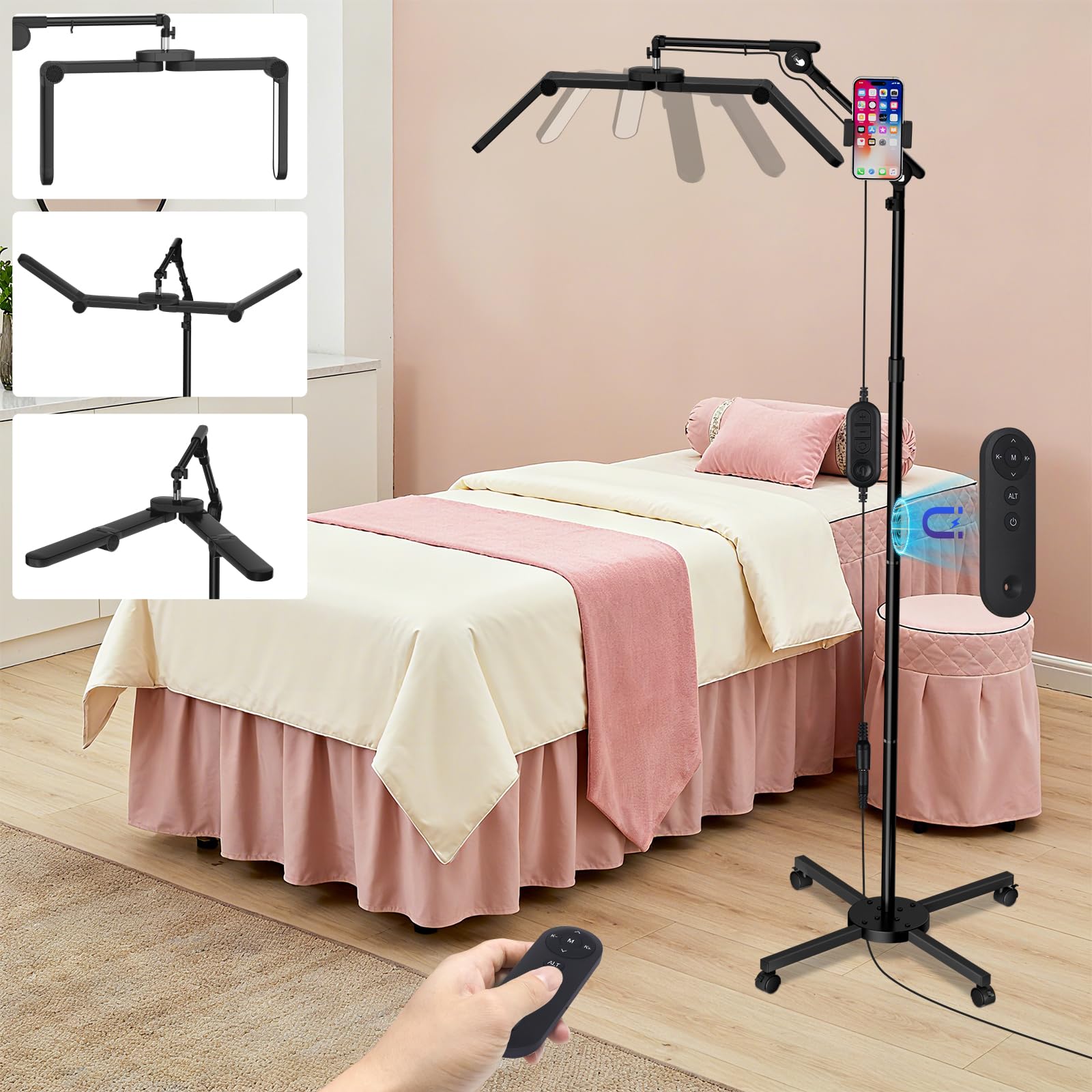 40W Foldable Square Lash Light for Beauty Salon, 3 Color Modes & 10 Dimming Brightness, 34.5in Adjustable beauty light Head & Arms & Height, Remote Control LED Eyelash Tech Tattoo Light (Black)