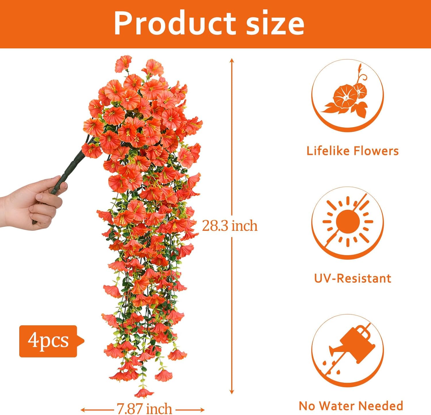 Serwalin 4PCS Artificial Fall Flowers for Outdoors, UV Realistic Resistant Fake Silk Artificial Hanging Outdoor Plants for Porch Patio Balcony Outside Planter Garden Yard Fall Decor(Orange,4PCS)