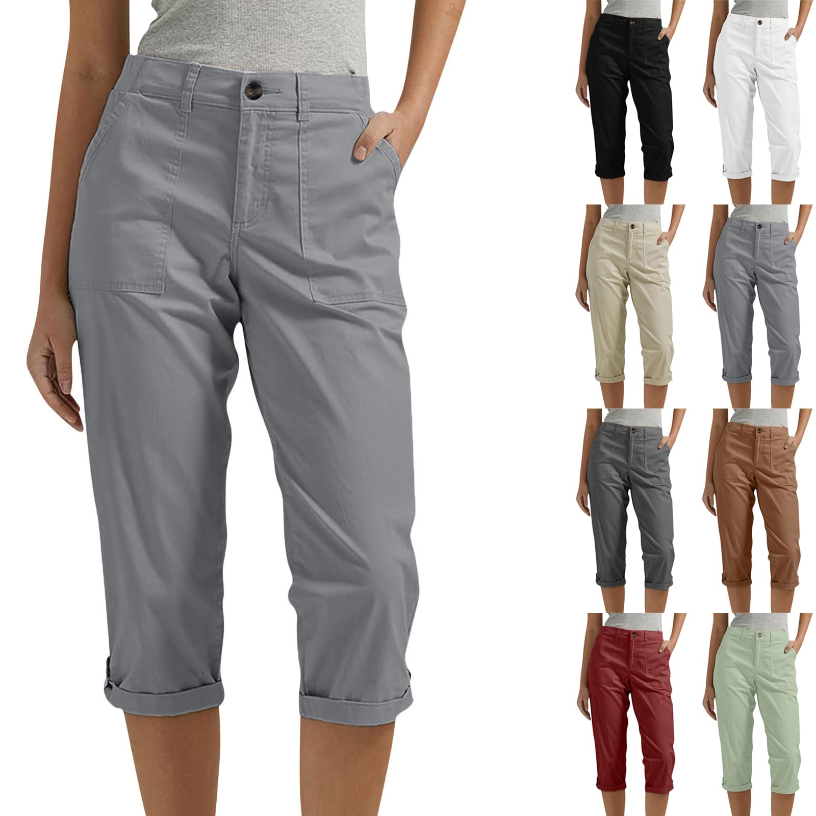 Black Capri Pants for Women Summer Casual Hiking Pants Elastic Waist Rolled Hem Cargo Capris Pull On Button Dressy Cotton Capri Pant with Pockets Utility Plus Size Capris Travel Pant for Camping Golf