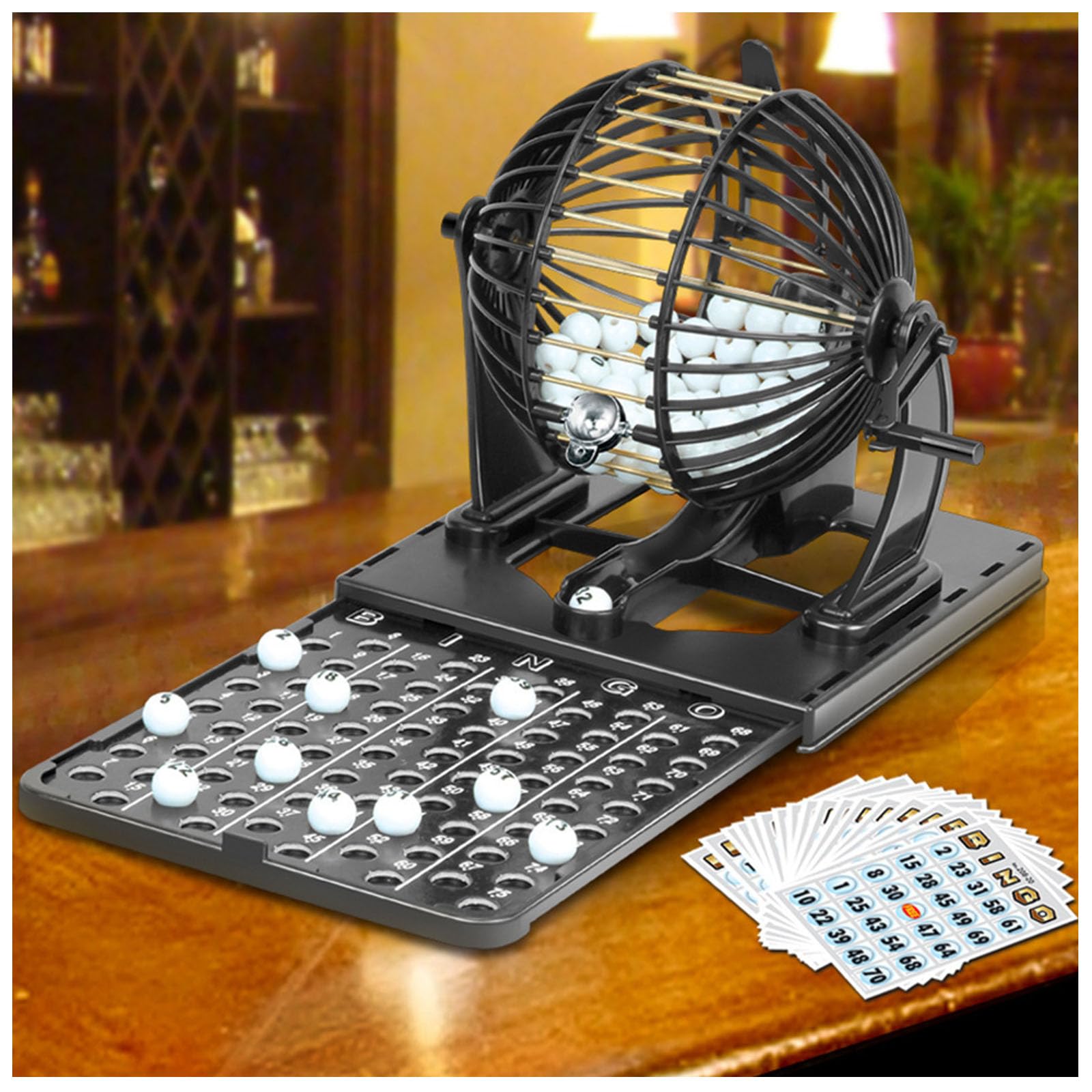 Enpvneer Deluxe Bingo Game Set-19 cm Cage, Master Board,80 Balls, 20 Bingo Cards, Ideal for Party, Lottery Games, Bingo, Raffle Balls, Black