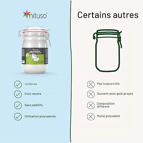 mituso Huile de coco bio désodorisée 1 L | Goût neutre – idéale pour rôtir, cuire & frire | vegan, sans additifs – polyvalente pour la peau & les cheveux | en bocal à fermeture métallique - 6