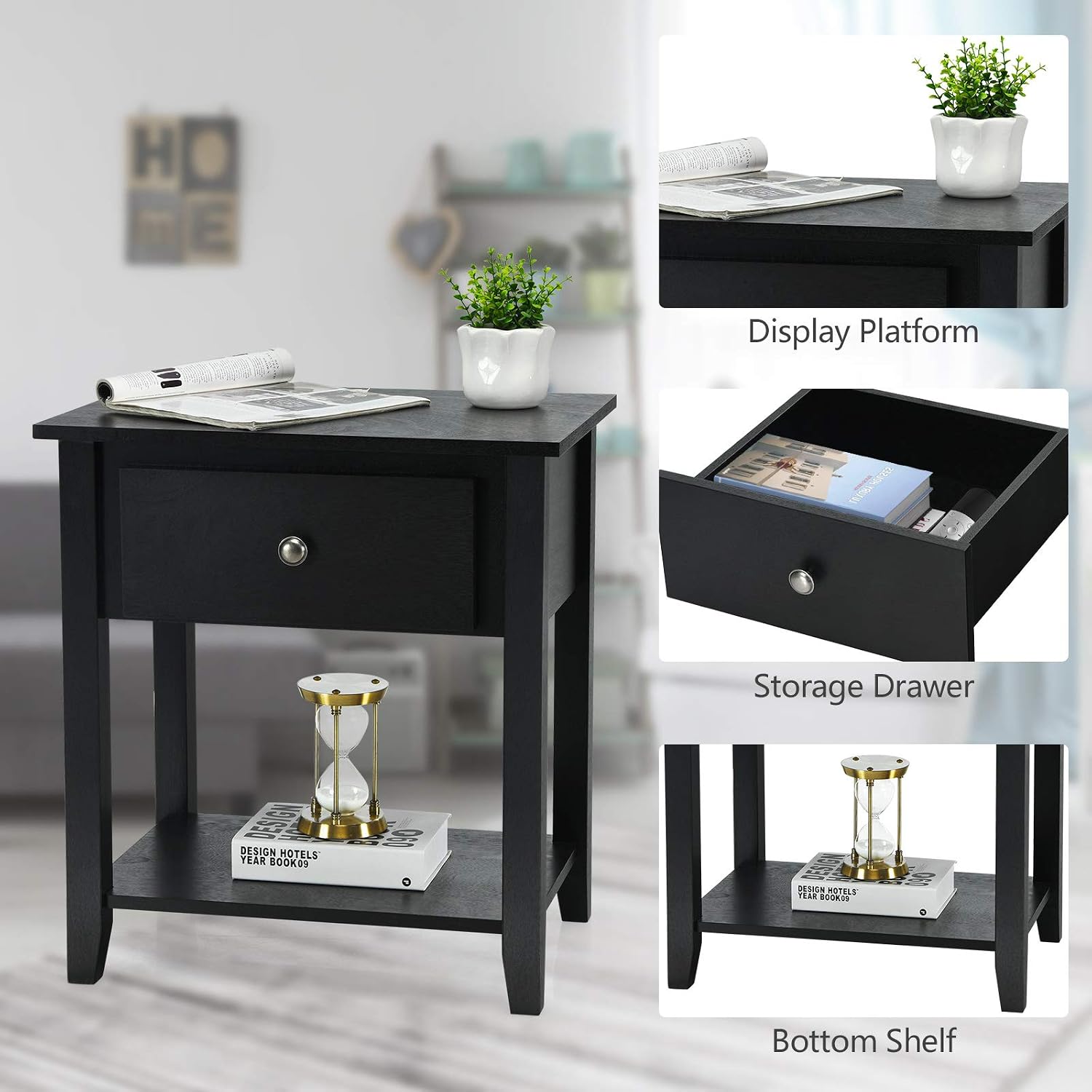 Tangkula End Table with Drawer, Nightstand w/Drawer and Storage Shelf, Beside Sofa Table for Bedroom Living Room, Chest Sofa Side Bedside Storage End Table, Accent Table with Open Shelf