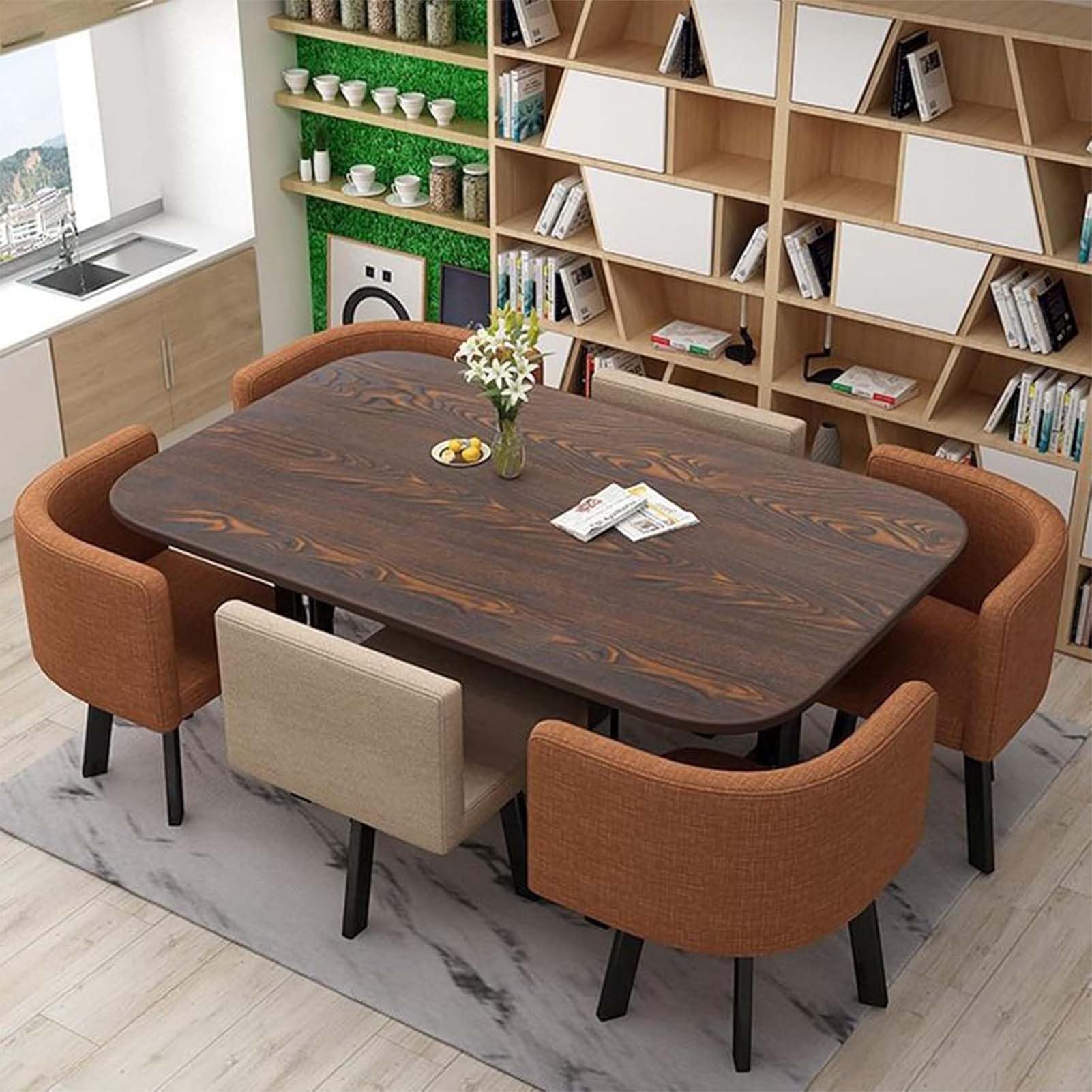 Essgruppe aus Holz mit 6 Stühlen, 150 cm quadratisch, Konferenztisch für Wohnzimmer & andere Bereiche, multifunktionales Design, perfekt für Familienfeiern und Veranstaltungen