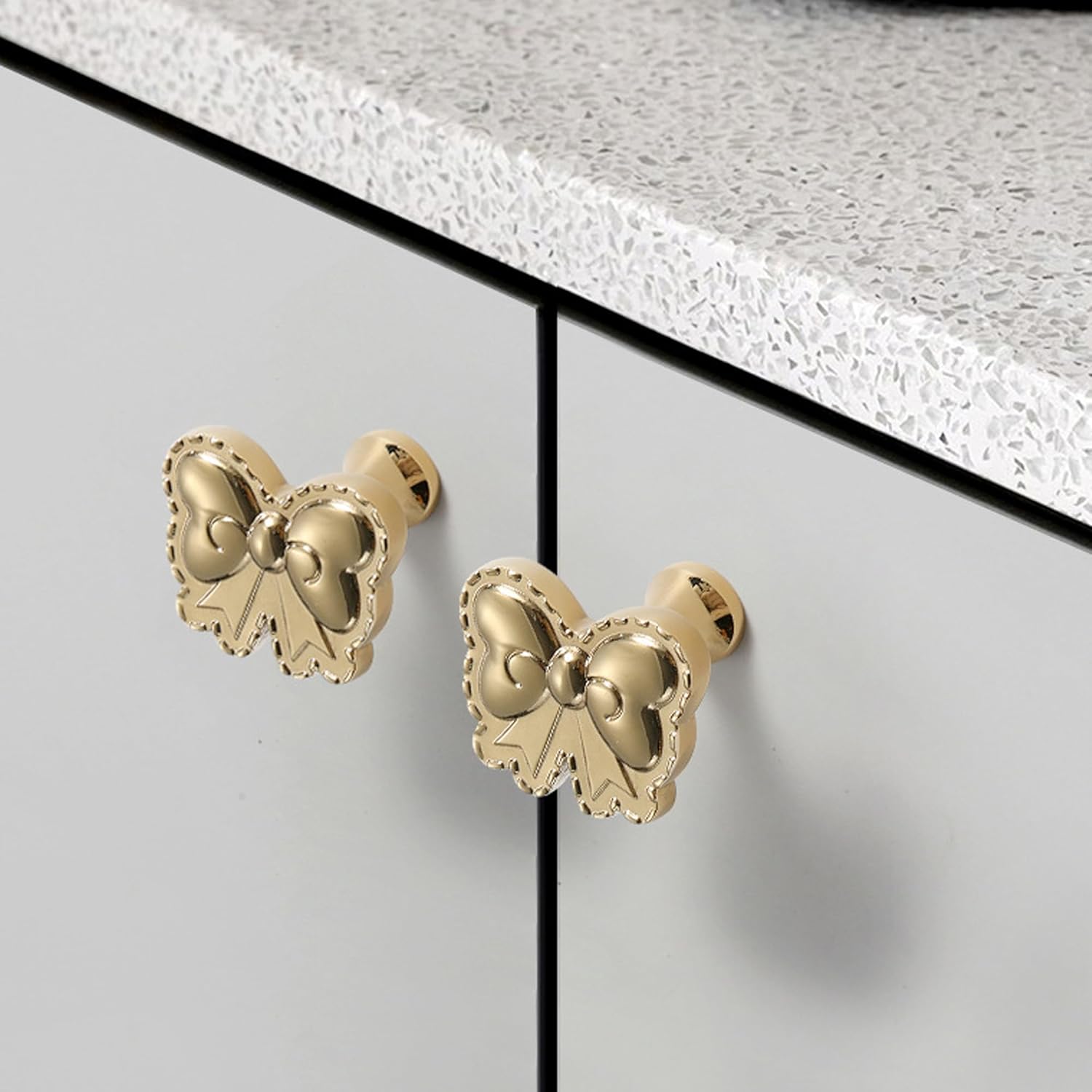 2 Pcs Gold Bow Butterfly Kitchen Cabinet Knobs Cute Brass Drawer Handles Modern Single Hole Dresser Pulls Furniture Hardware for Bedroom Bathroom Closet Cupboard (Bright Gold)