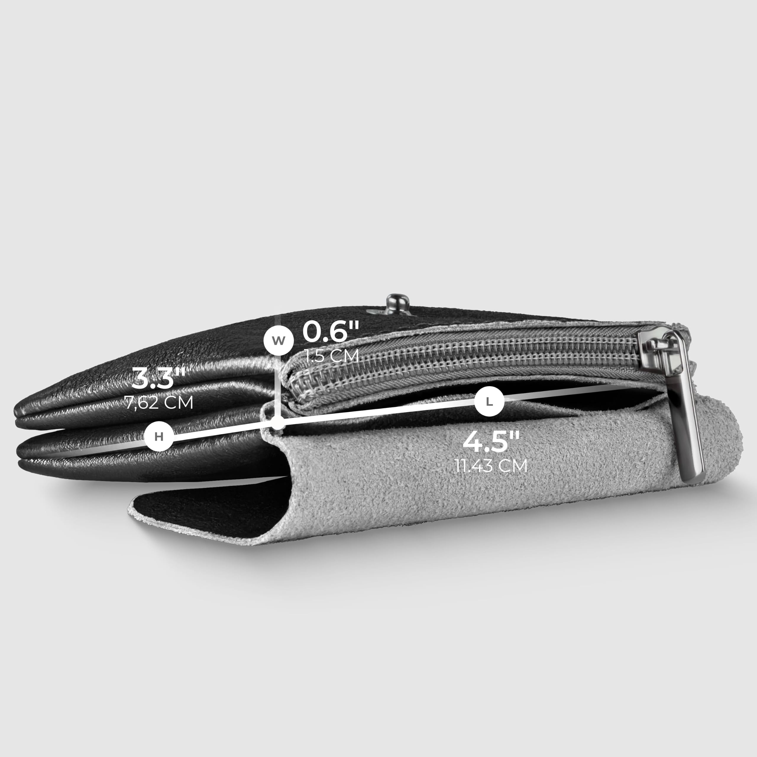 Cartera italiana de gamuza metálica auténtica para mujer con cierre a presión y cremallera, pequeña funda para tarjetas de noche de diseño, Negro, Small, Cartera rectangular compacta con