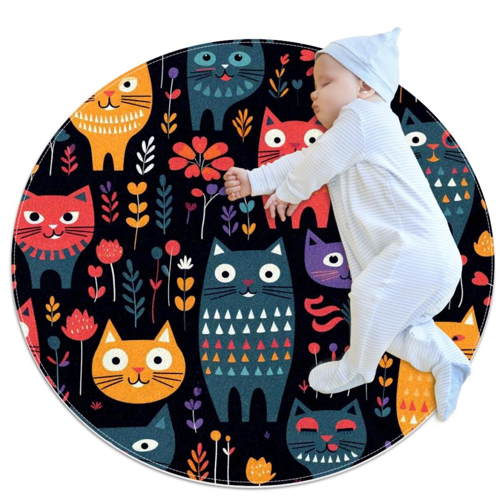 Tapis de salle de bain chat rond 1m antidérapant pour chambre d'enfant