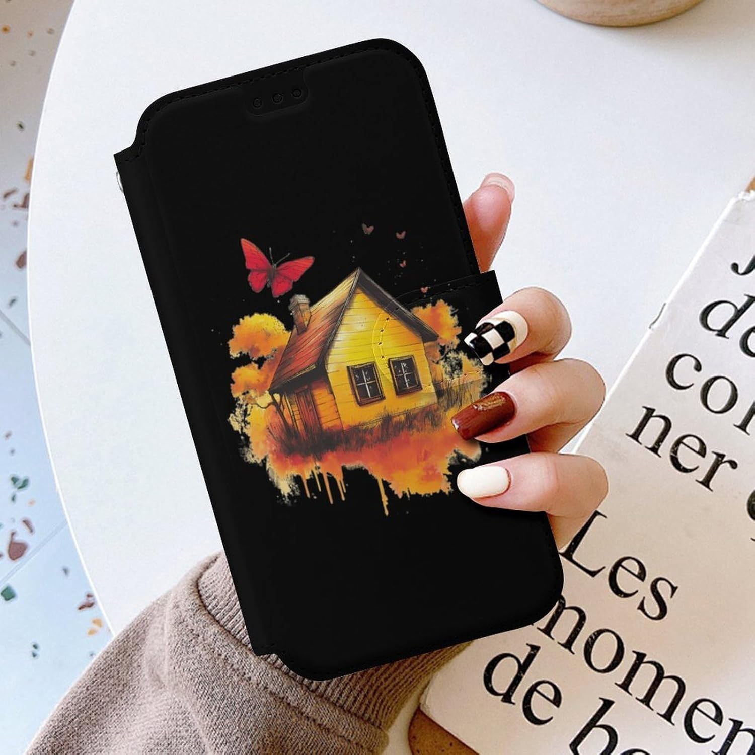 Wood House Butterfly Compatible with iPhone 16/16 Plus/16 Pro/16 Pro Max/16 E Case Phone Wallet Card Holder Flip Cover with Wrist Strap