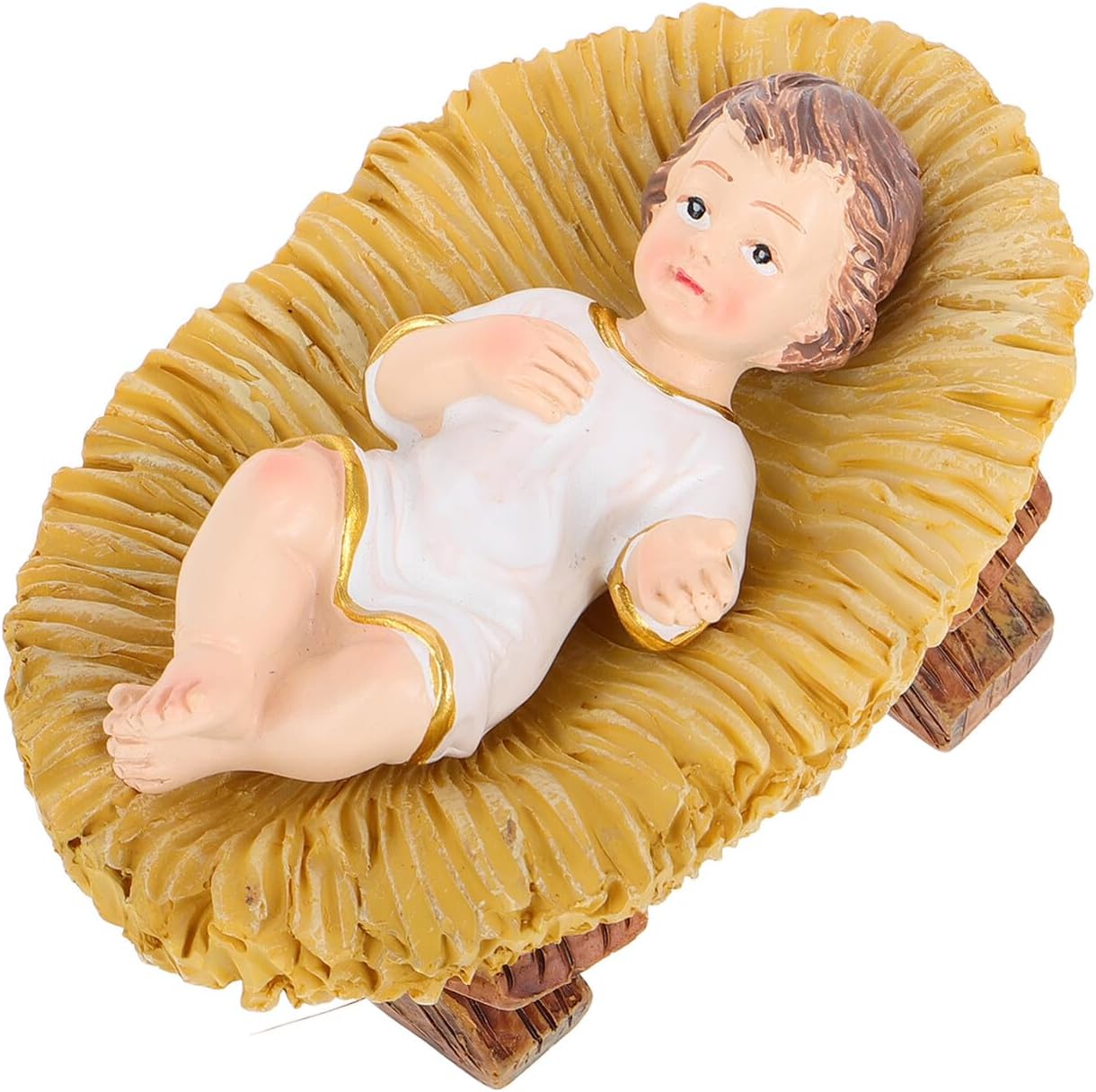 Jesus Resin Sculpture in Manger Figurine Round Cradle, Religious Nativity Tabletop Decoration for Christmas Home and Office Display