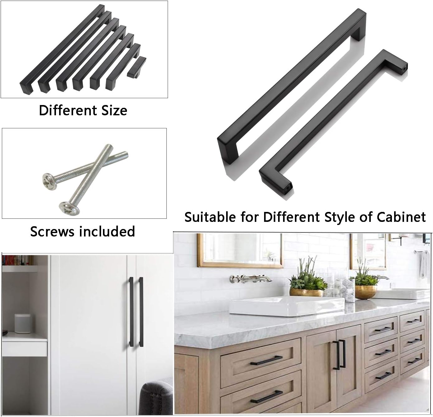 PinLin 10 Pack Kitchen Cabinet Door Handles Stainless Steel Bedroom Drawer Cup Board Pulls Hole Centre 256mm Width 12mm Black Square T Bar Handle - Image 3