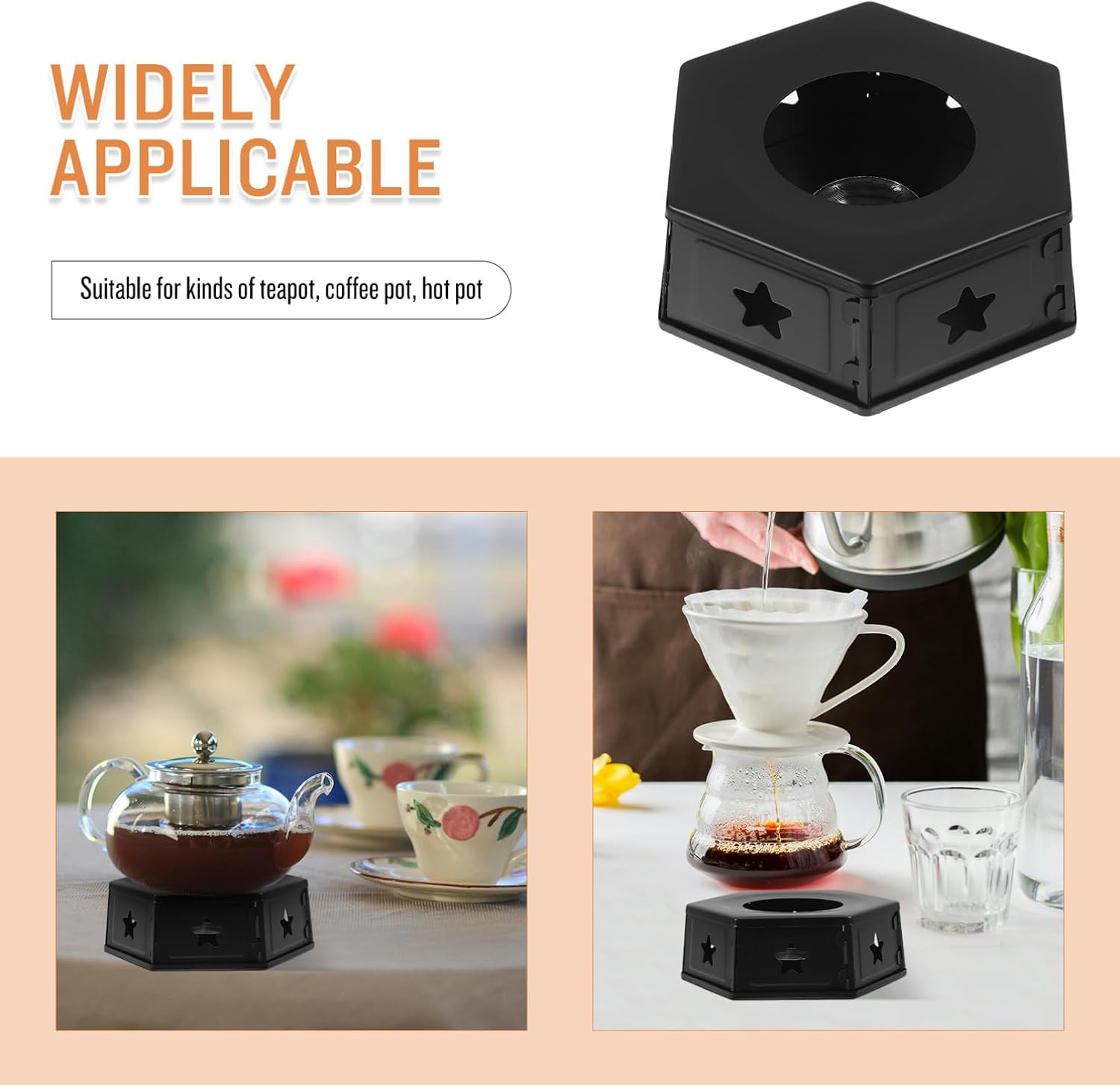 Stainless Steel Teapot Warmer Base Portable Metal Teapot Heater Stand for Household Coffee and Tea Heating with Detachable Black Base