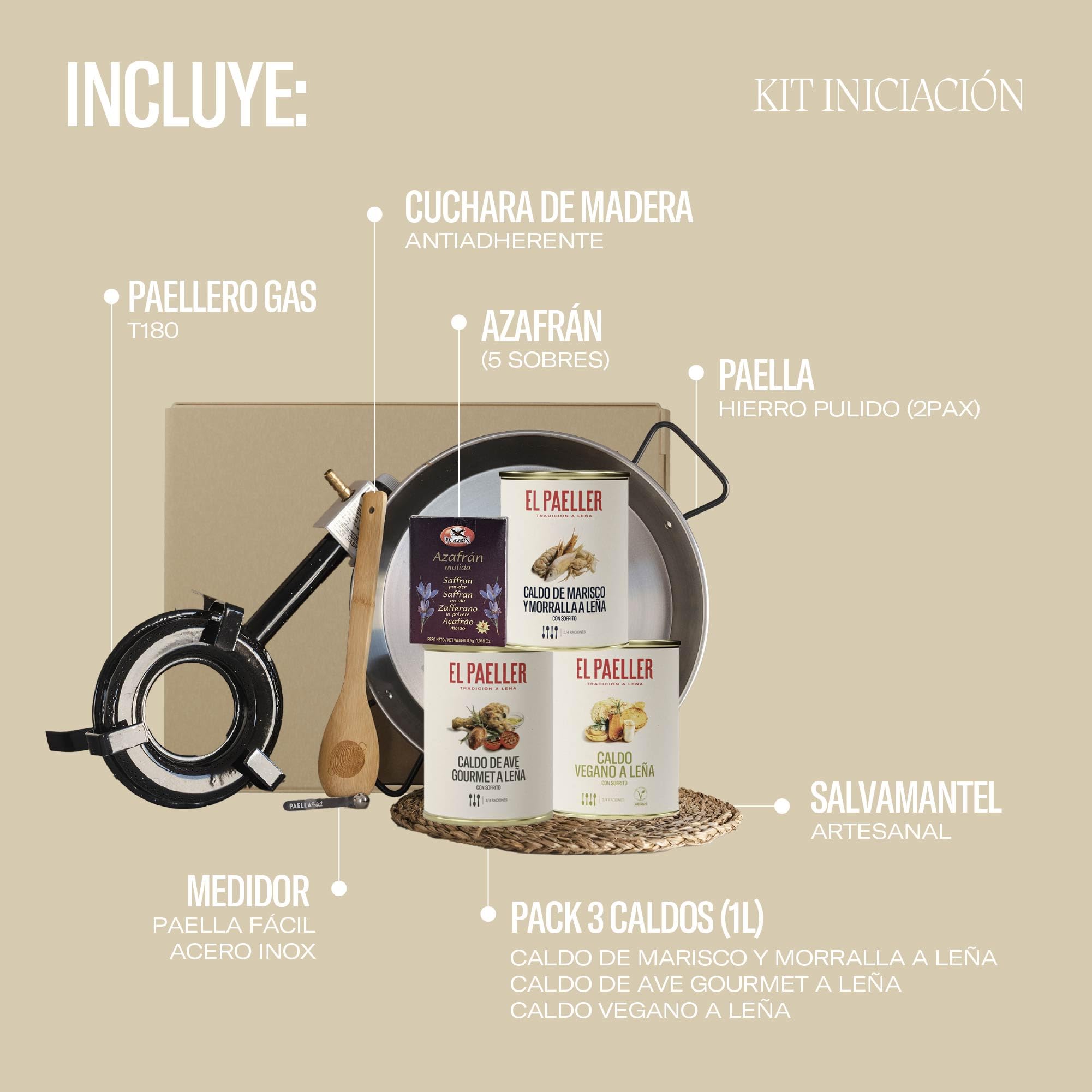 EL PAELLER - Cesta Gourmet para Regalar - Kit Iniciación para Paellas - Incluye Paellero a Gas, Paella de Hierro, Medidor, Set de Caldos, Salvamantel, Cuchara de Madera y Azafrán