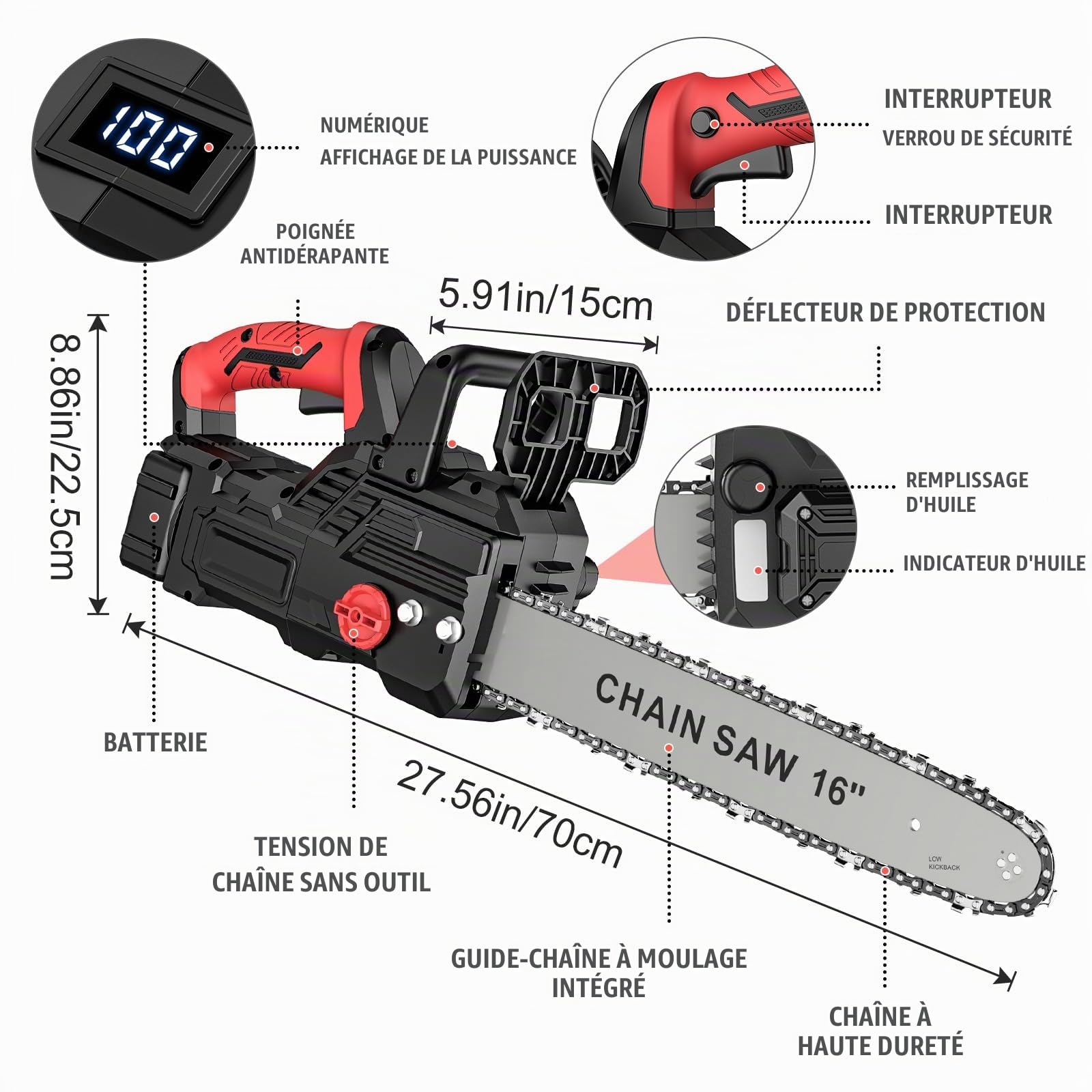 Tronconneuse a Batterie 12+16 Pouces, Tronçonneuse Électrique sans Fil avec 2 x 4,0 Ah Batteries, 1050W Moteur Sans Balais, Écran LCD, Graissage Automatique & Tension de Chaîne Sans Outil