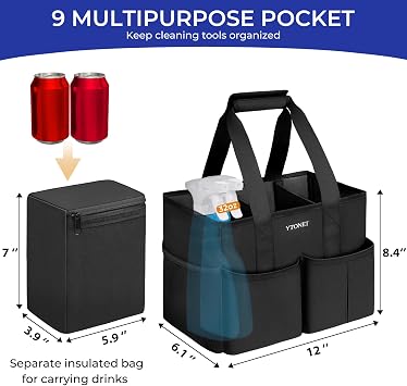 Ytonet Cleaning Caddy, Water Resistant Cleaning Supplies Organizer with Handle & Foldable Divider for Cleaners, Housekeeping Tote for Kitchen & Bathroom, Car Tool Caddy Organizer Bag, Black